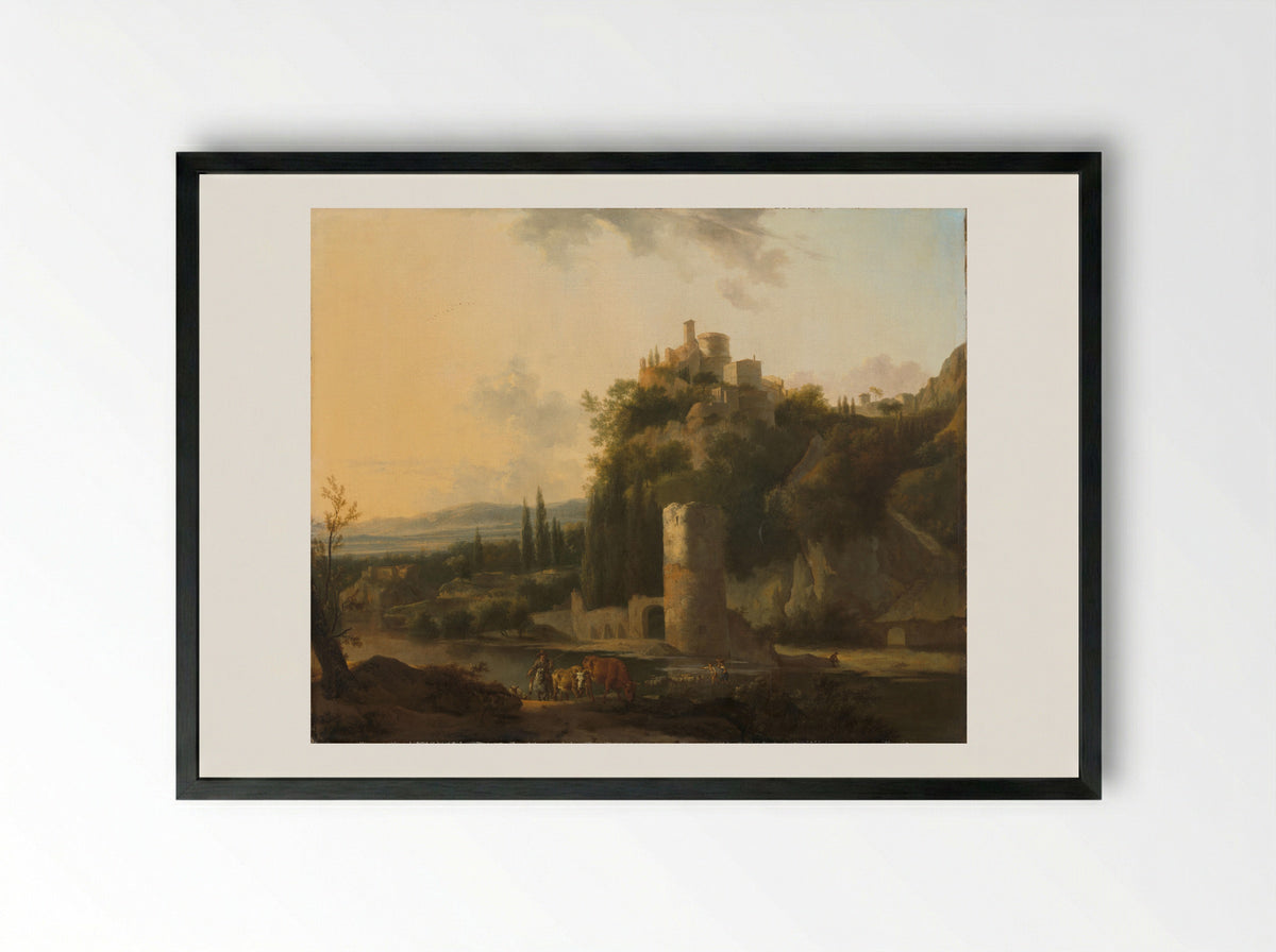 Italianate Landscape with Round Tower - Frederik de Moucheron - Framed Print Black