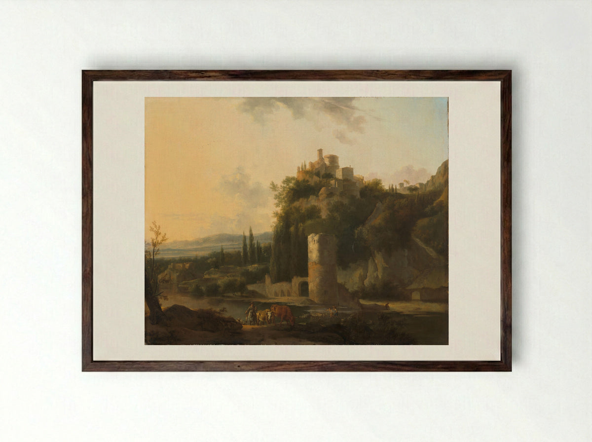 Italianate Landscape with Round Tower - Frederik de Moucheron - Framed Print Dark Wood