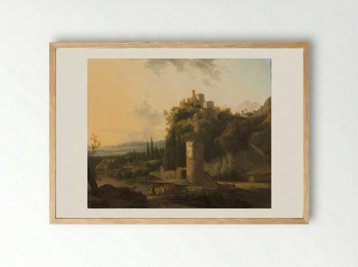 Italianate Landscape with Round Tower - Frederik de Moucheron - Framed Print Wood