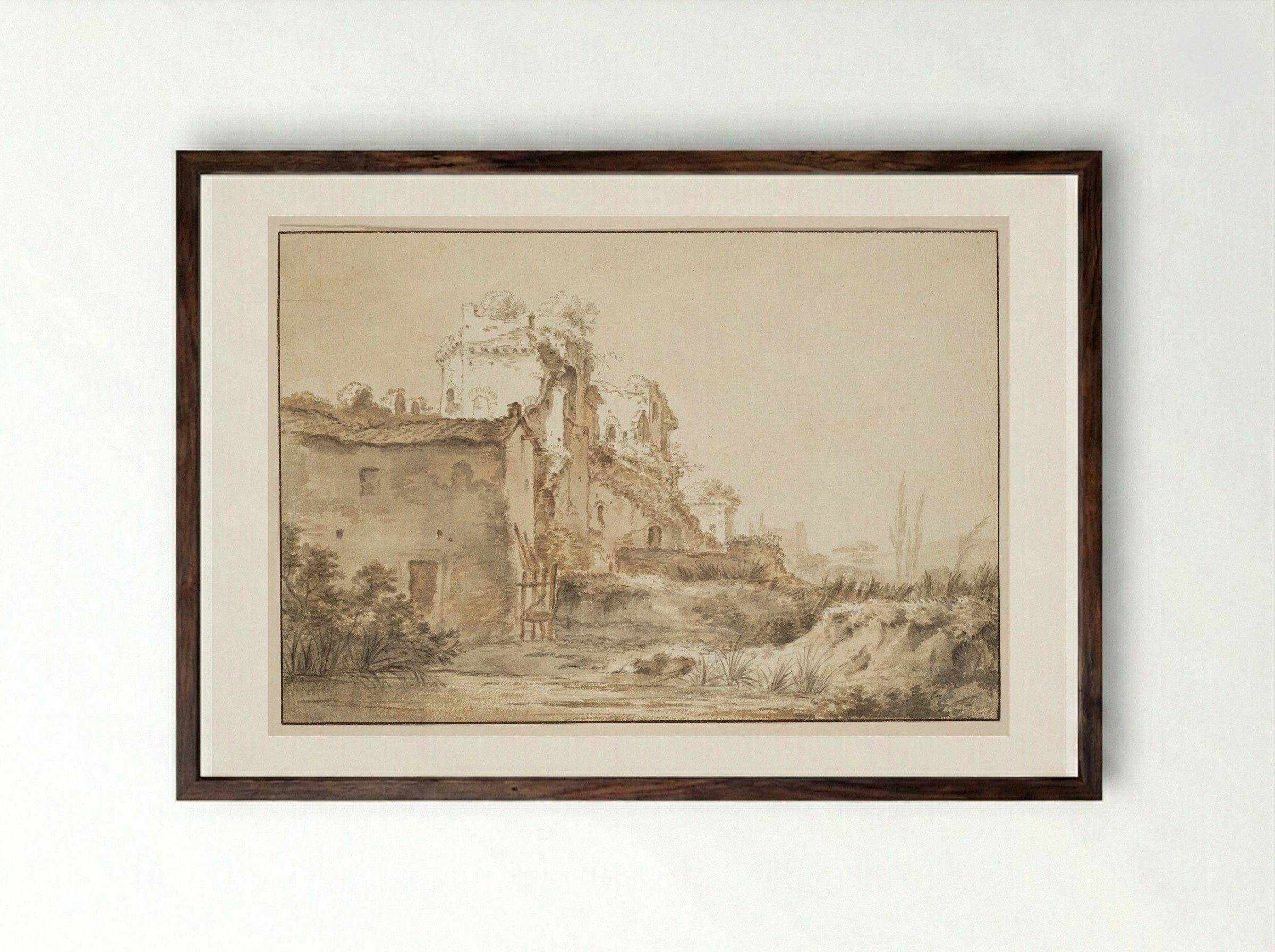 Italianate Landscape with Ruins - Herman van Swanevelt - Framed Print Dark Wood