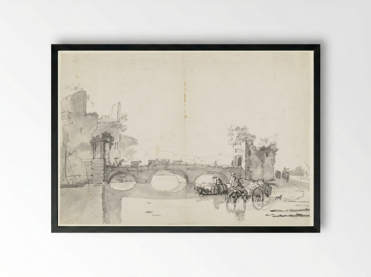 Italianate Landscape with Stone Bridge and River - Abraham Jansz Begeyn - Framed Print Black