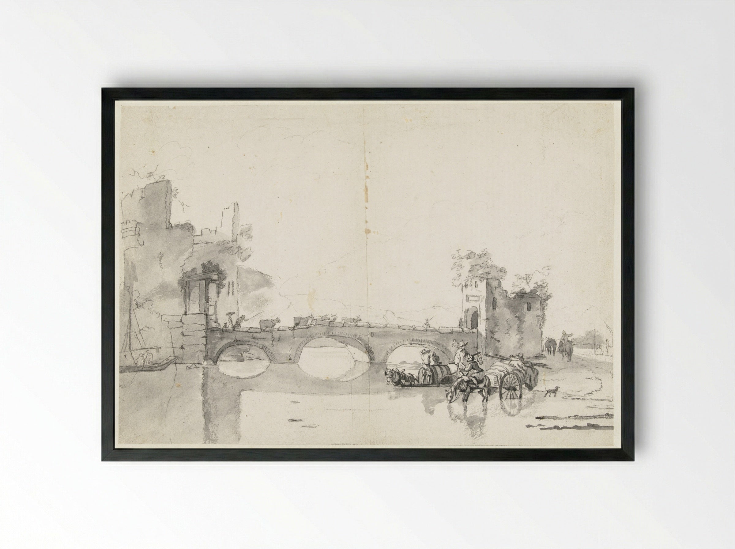 Italianate Landscape with Stone Bridge and River - Abraham Jansz Begeyn - Framed Print Black