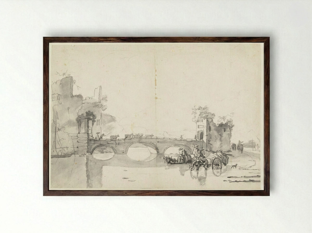 Italianate Landscape with Stone Bridge and River - Abraham Jansz Begeyn - Framed Print Dark Wood