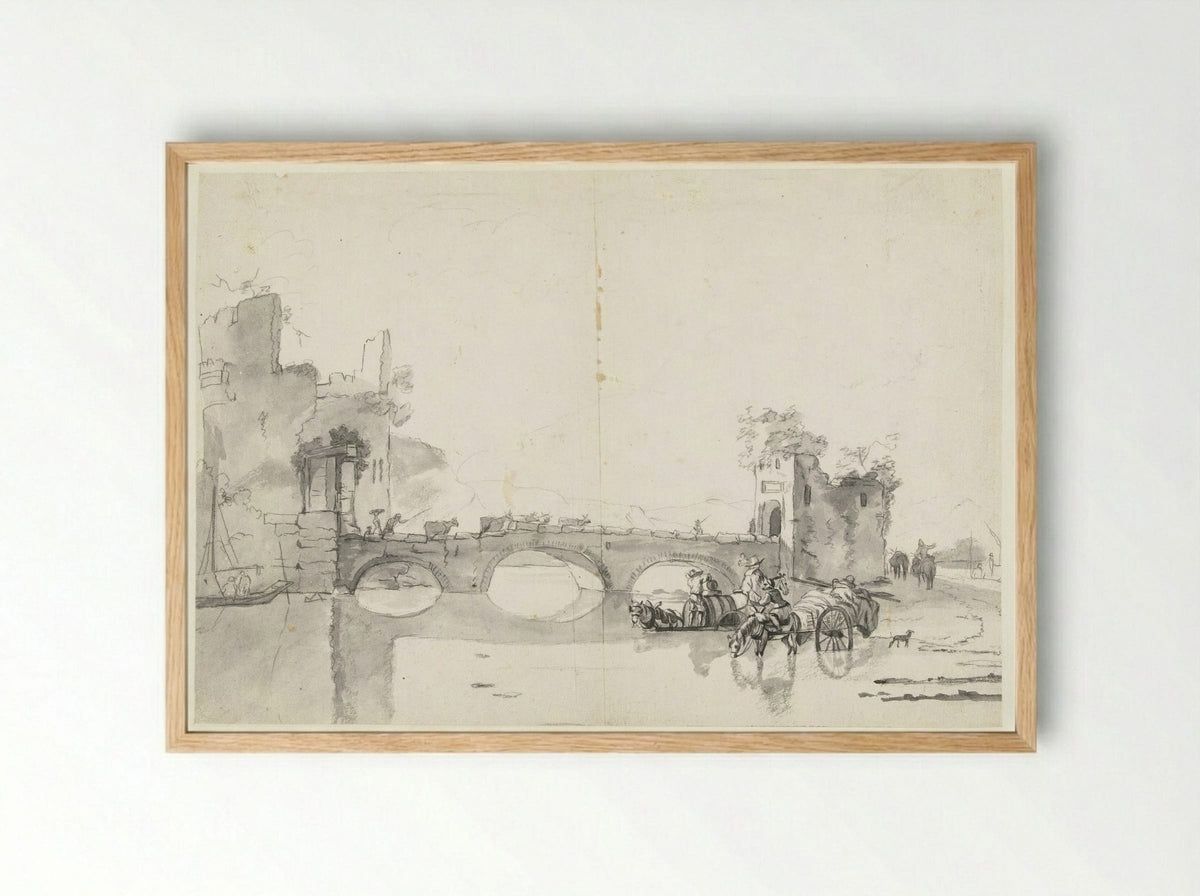 Italianate Landscape with Stone Bridge and River - Abraham Jansz Begeyn - Framed Print Wood