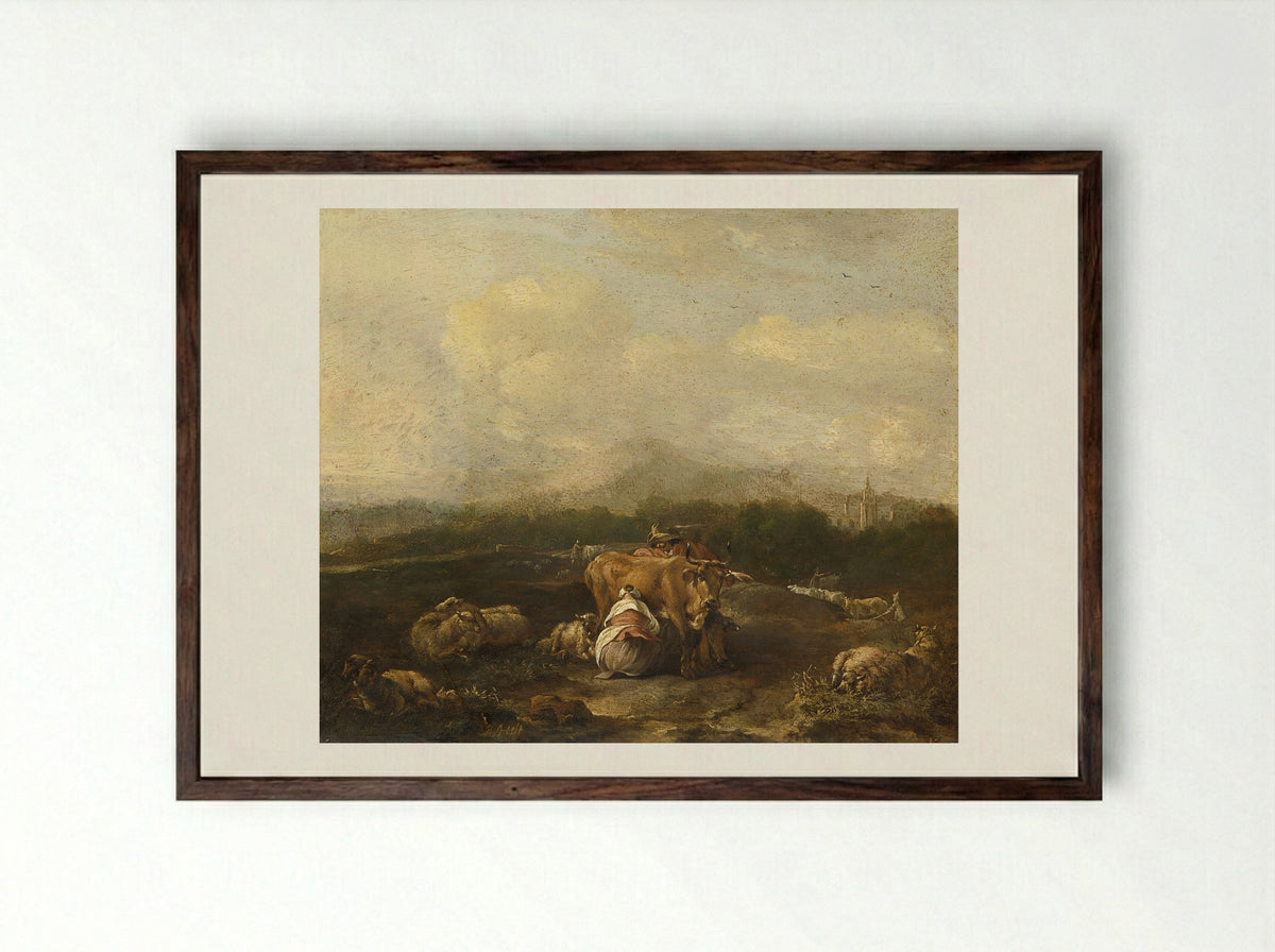 Italianate Scene with Cattle - Nicolaes van Helt Stockade - Framed Print Dark Wood