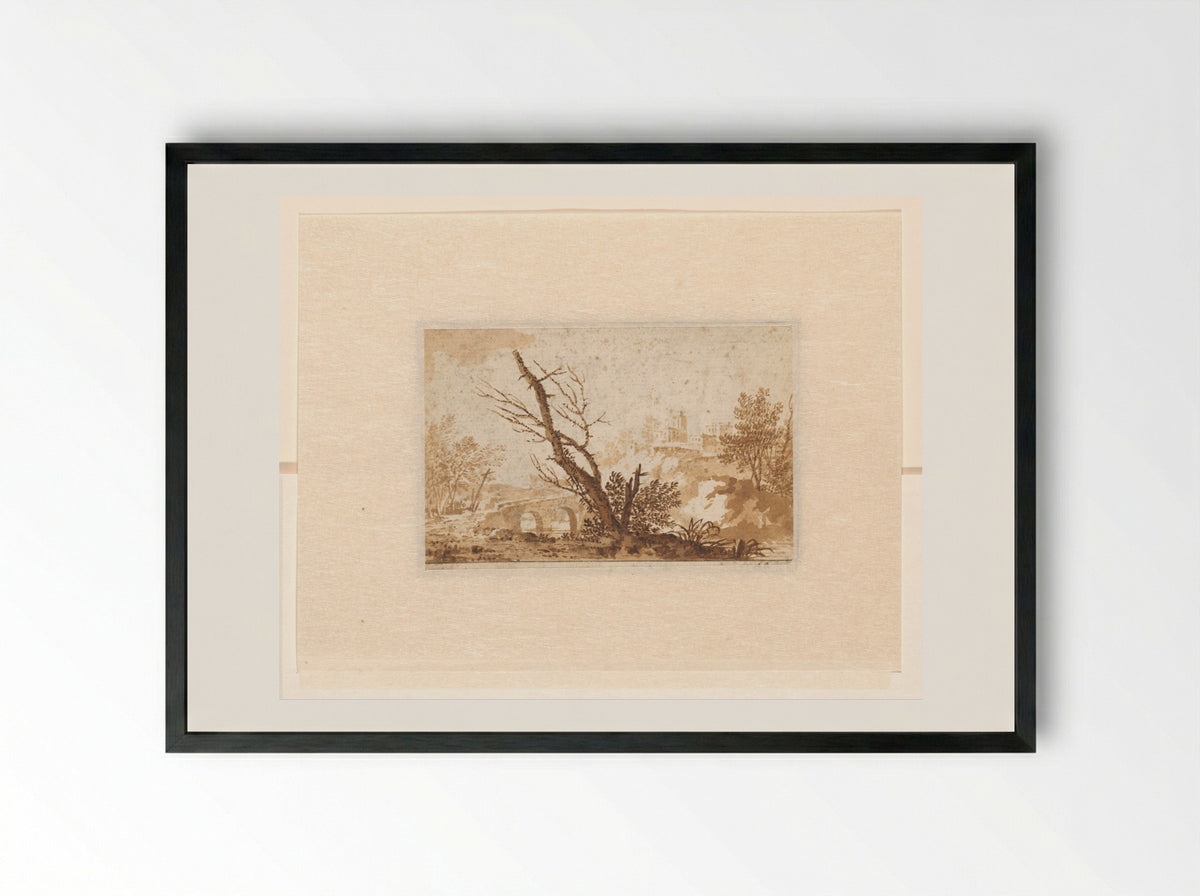 Italianate Scene with Tree, Bridge and Buildings - Johannes Petrus van Horstok - Framed Print Black