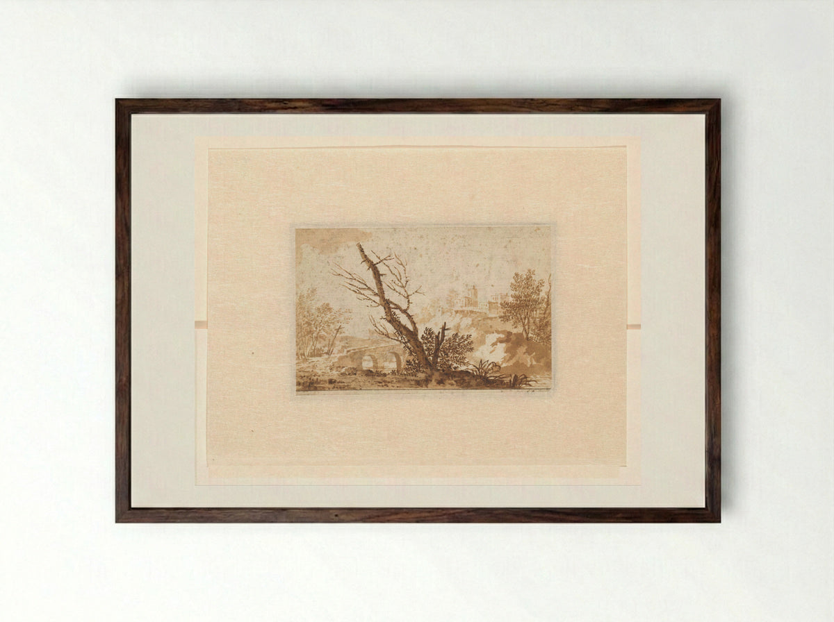 Italianate Scene with Tree, Bridge and Buildings - Johannes Petrus van Horstok - Framed Print Dark Wood