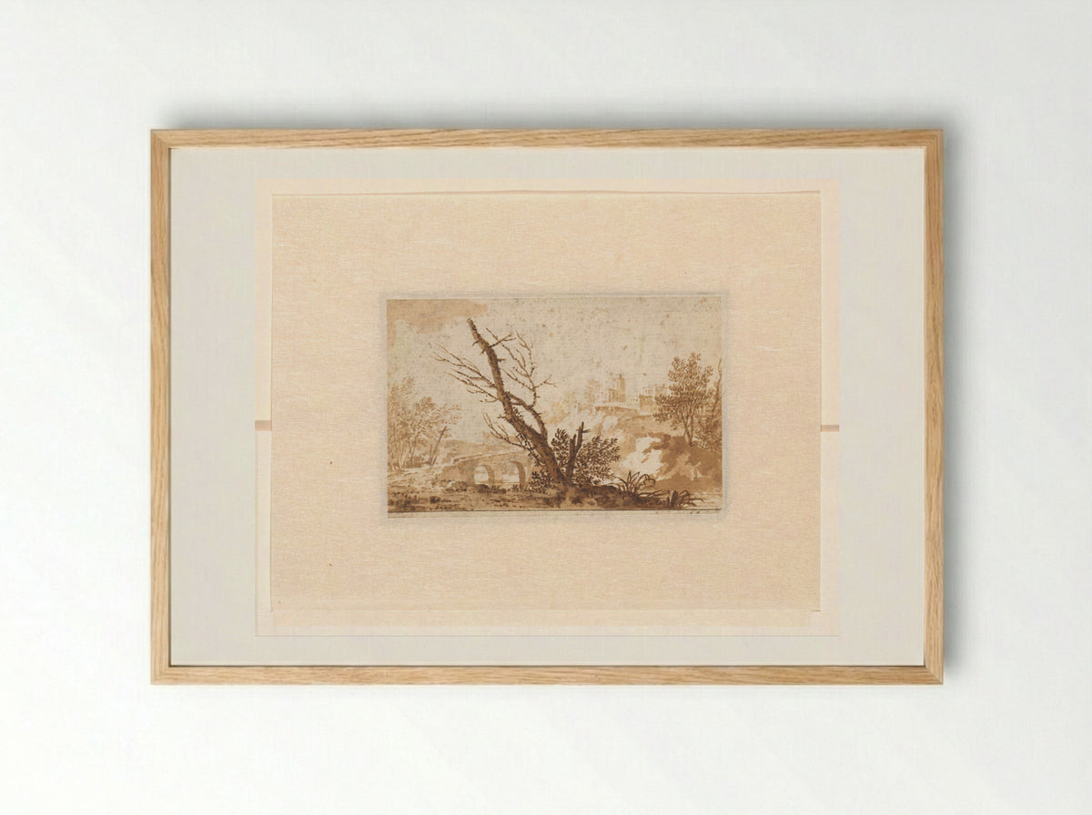 Italianate Scene with Tree, Bridge and Buildings - Johannes Petrus van Horstok - Framed Print Wood