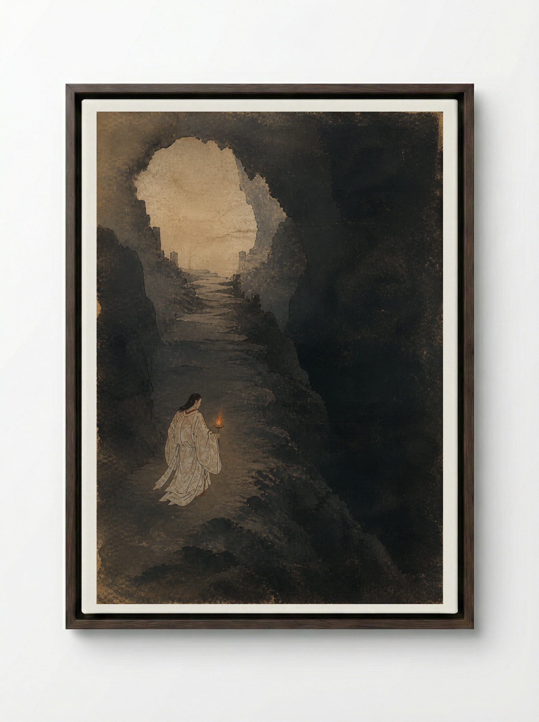 Izanagi at Yomi: Down the Slope of Yomi - Framed Canvas Dark Wood