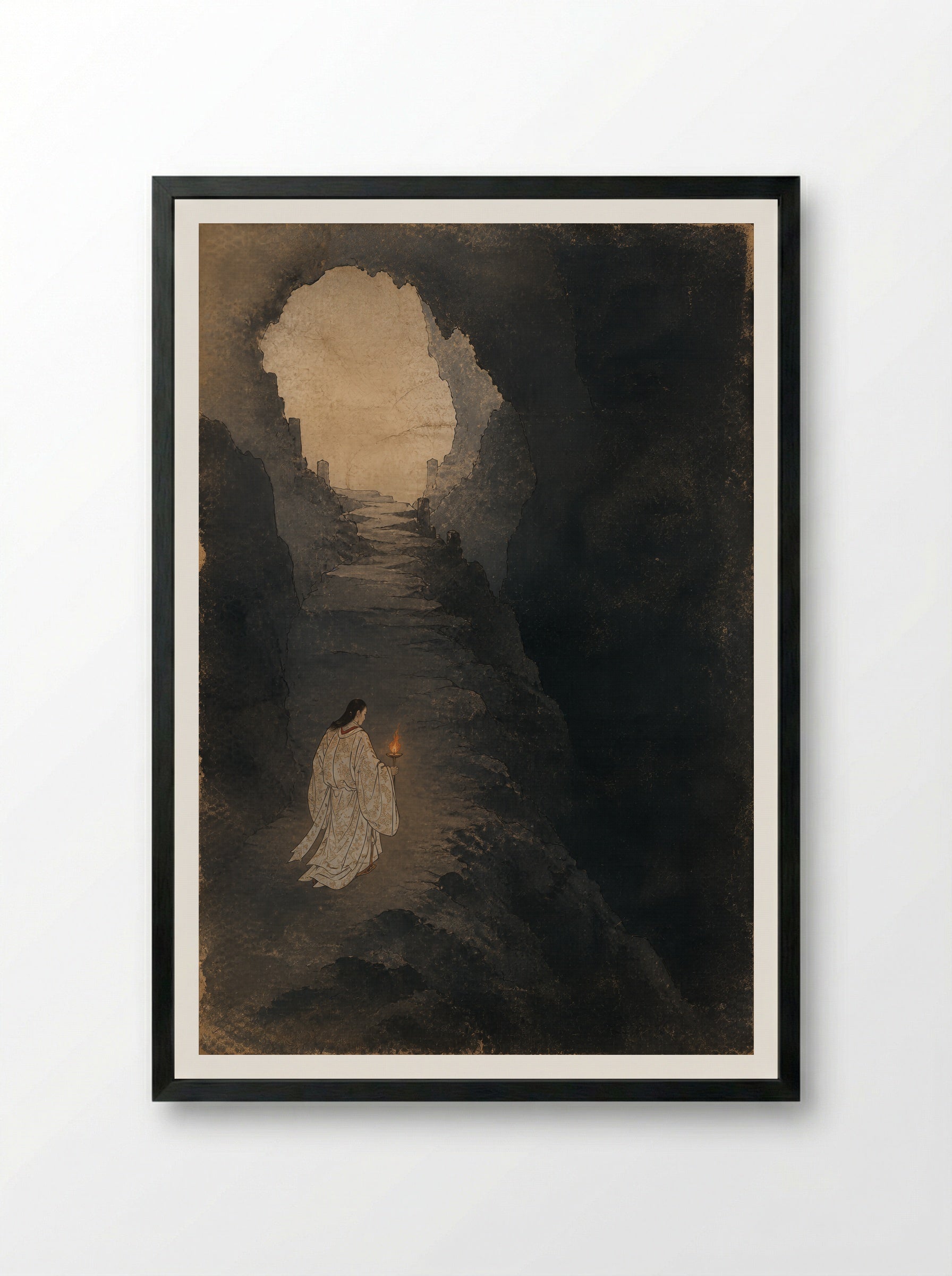 Izanagi at Yomi: Down the Slope of Yomi - Framed Print Black