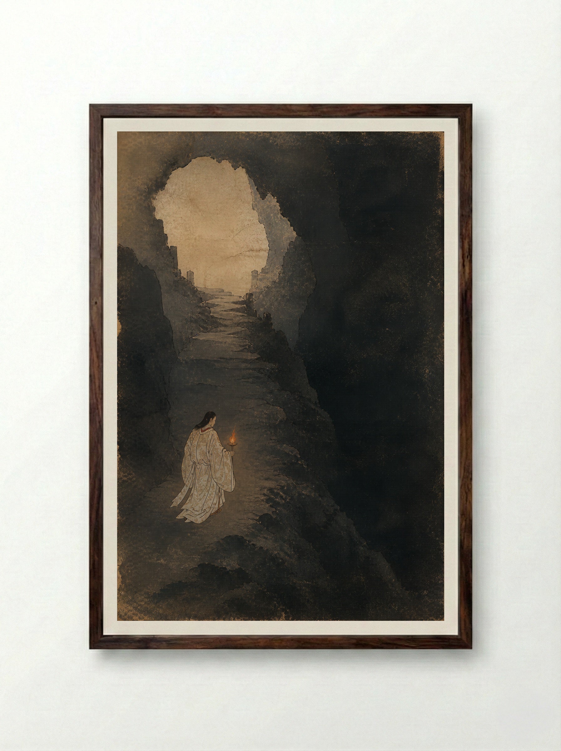 Izanagi at Yomi: Down the Slope of Yomi - Framed Print Dark Wood