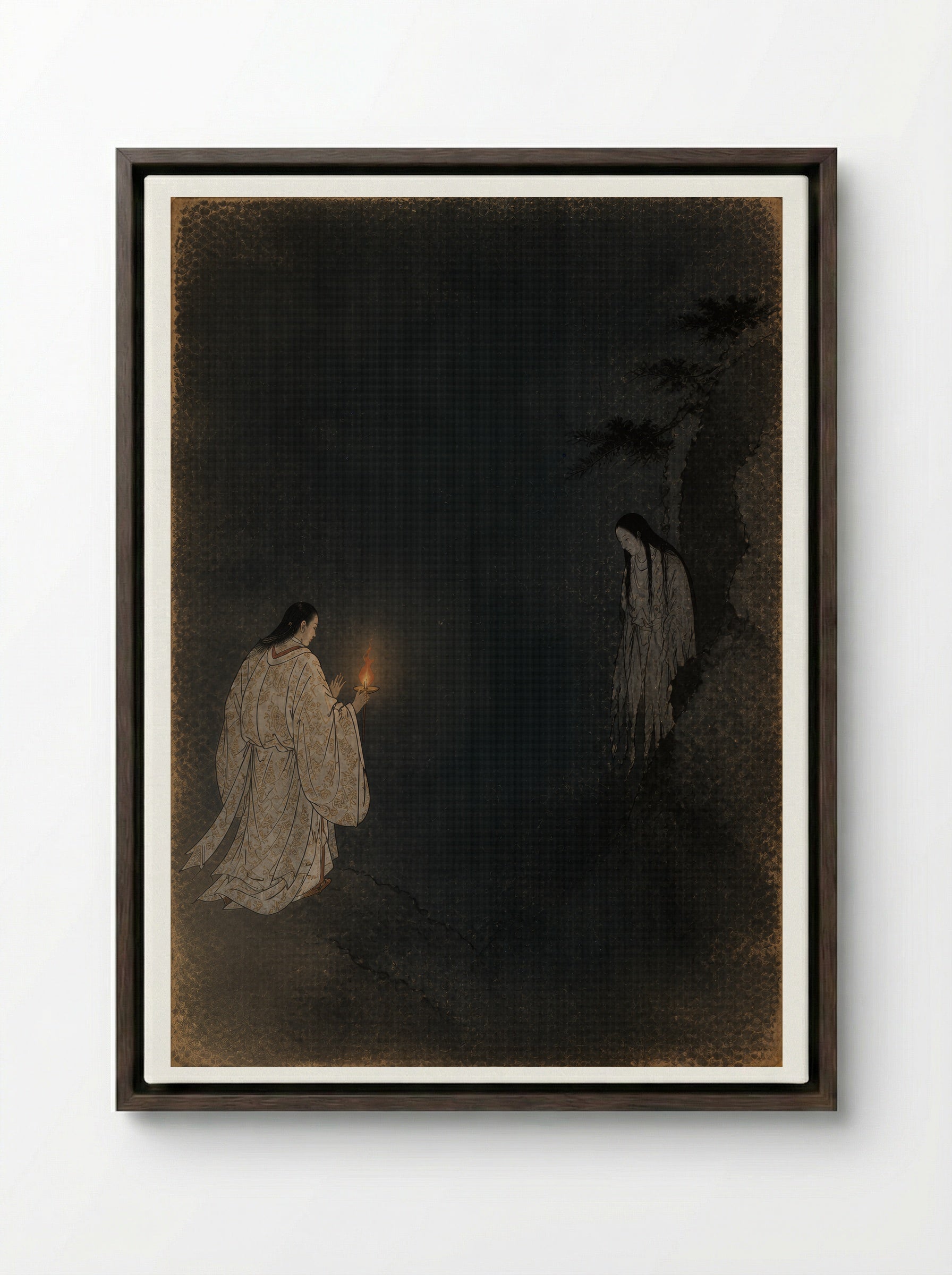 Izanagi at Yomi: The Fire Shows the Dead - Framed Canvas Dark Wood
