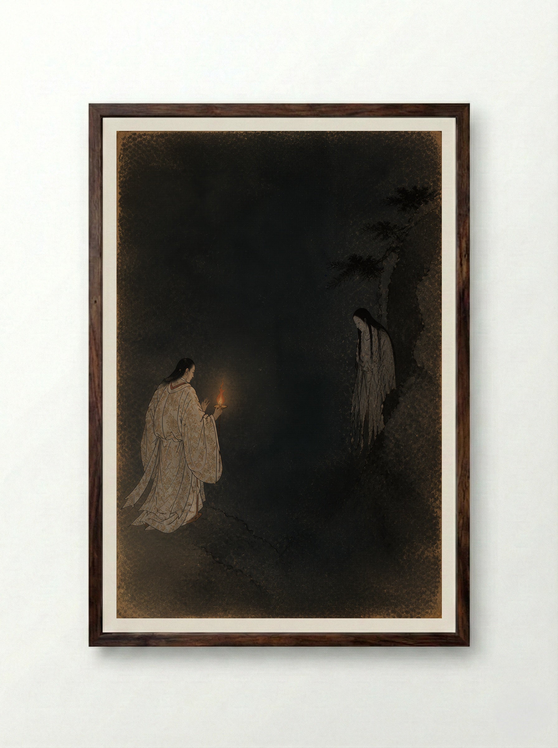 Izanagi at Yomi: The Fire Shows the Dead - Framed Print Dark Wood
