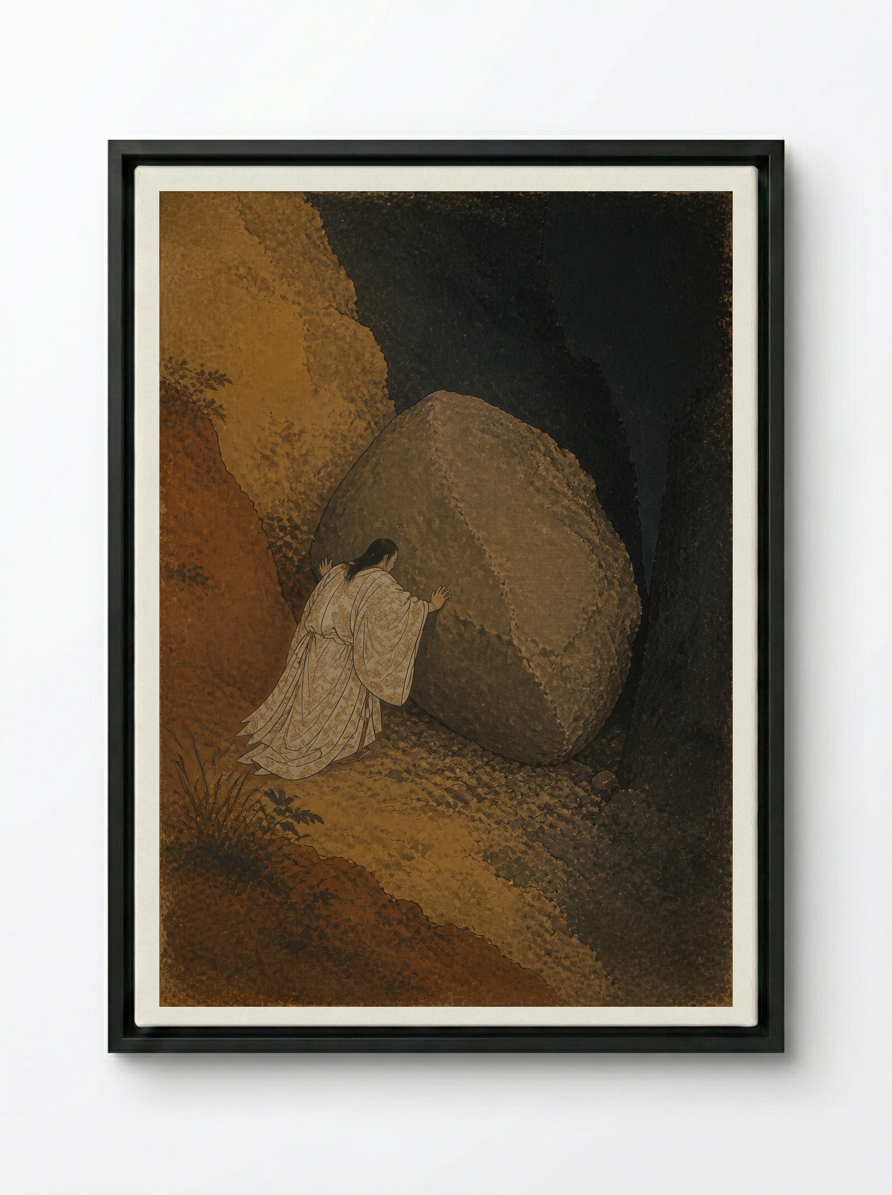 Izanagi at Yomi: The Stone Between Worlds - Framed Canvas Black