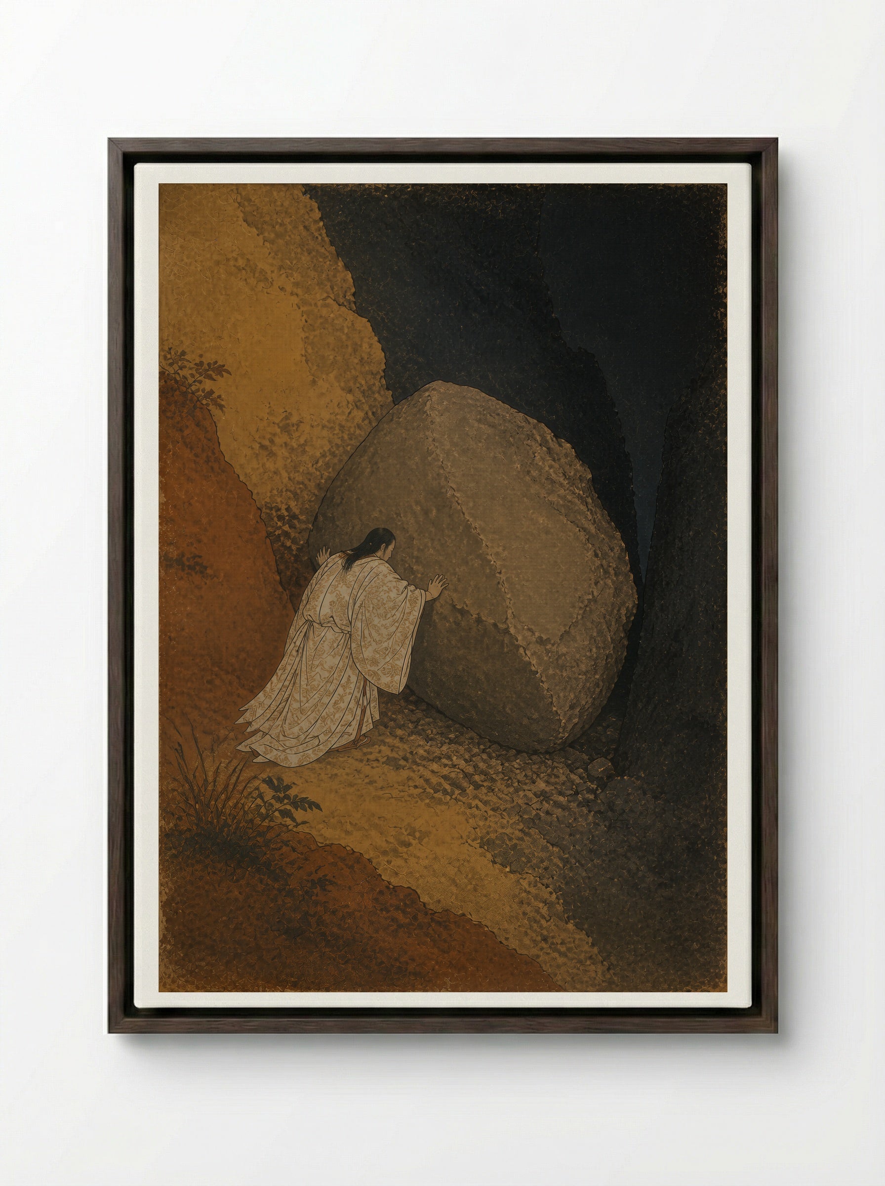 Izanagi at Yomi: The Stone Between Worlds - Framed Canvas Dark Wood