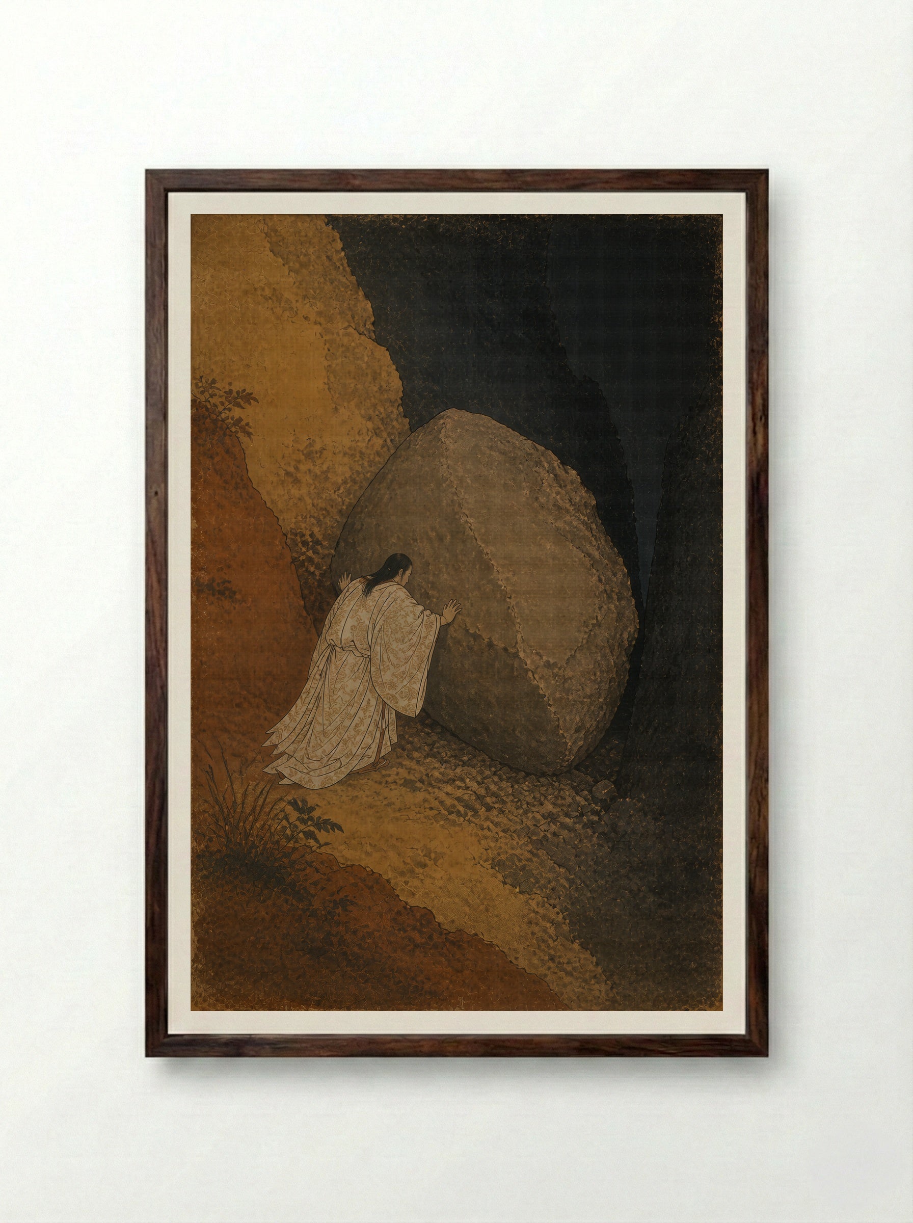 Izanagi at Yomi: The Stone Between Worlds - Framed Print Dark Wood