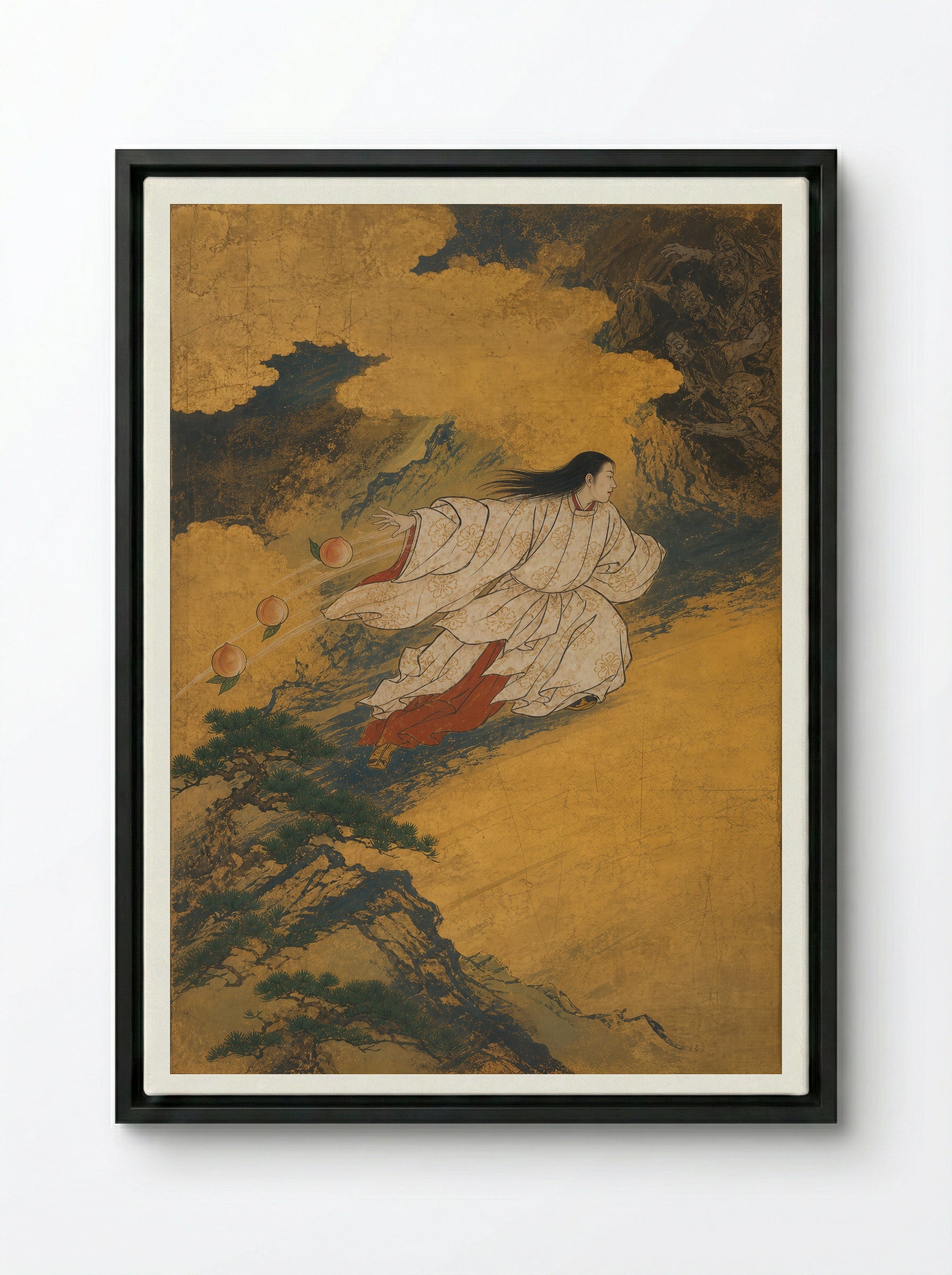 Izanagi at Yomi: Three Peaches at the Pass - Framed Canvas Black