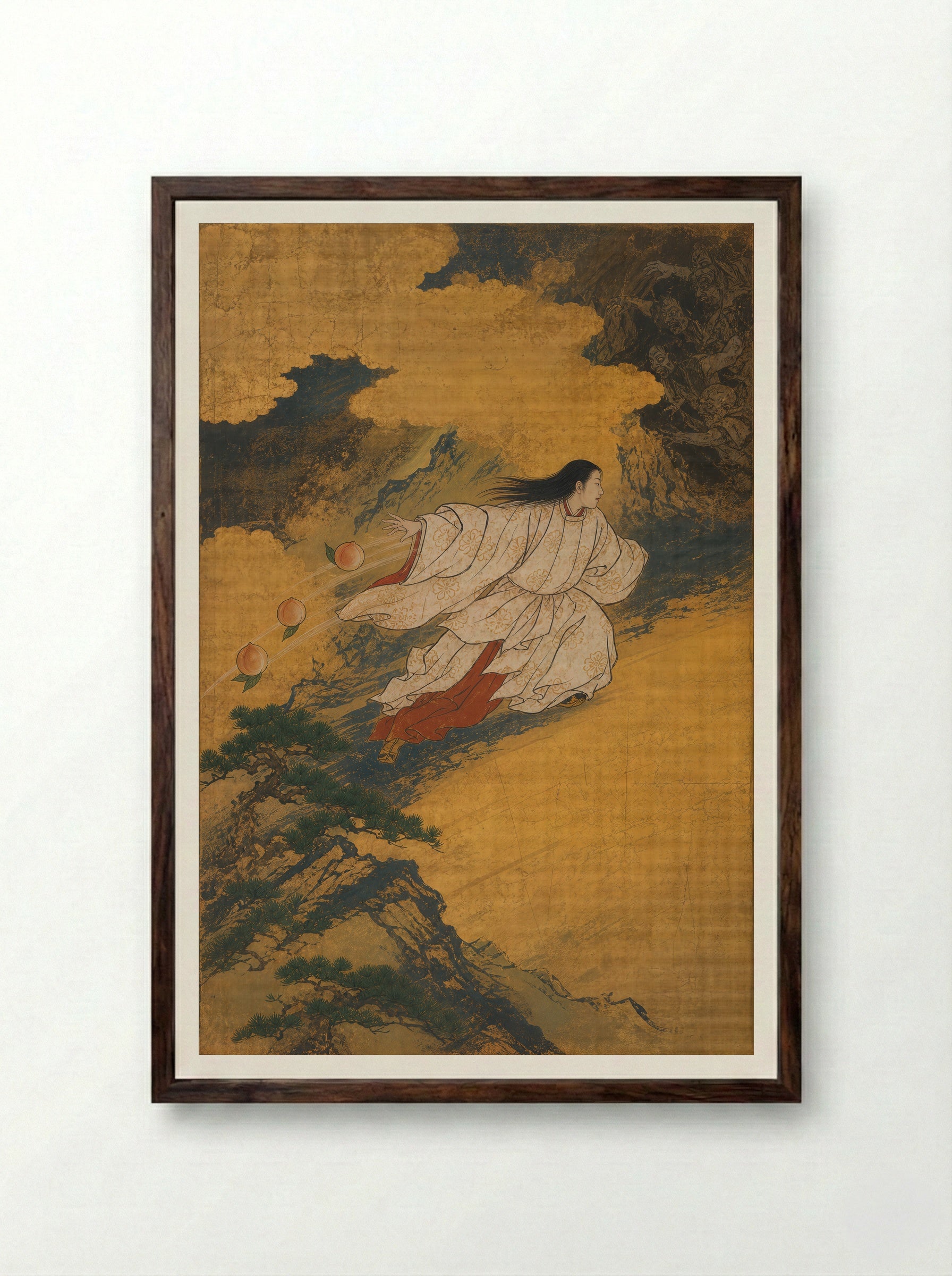 Izanagi at Yomi: Three Peaches at the Pass - Framed Print Dark Wood