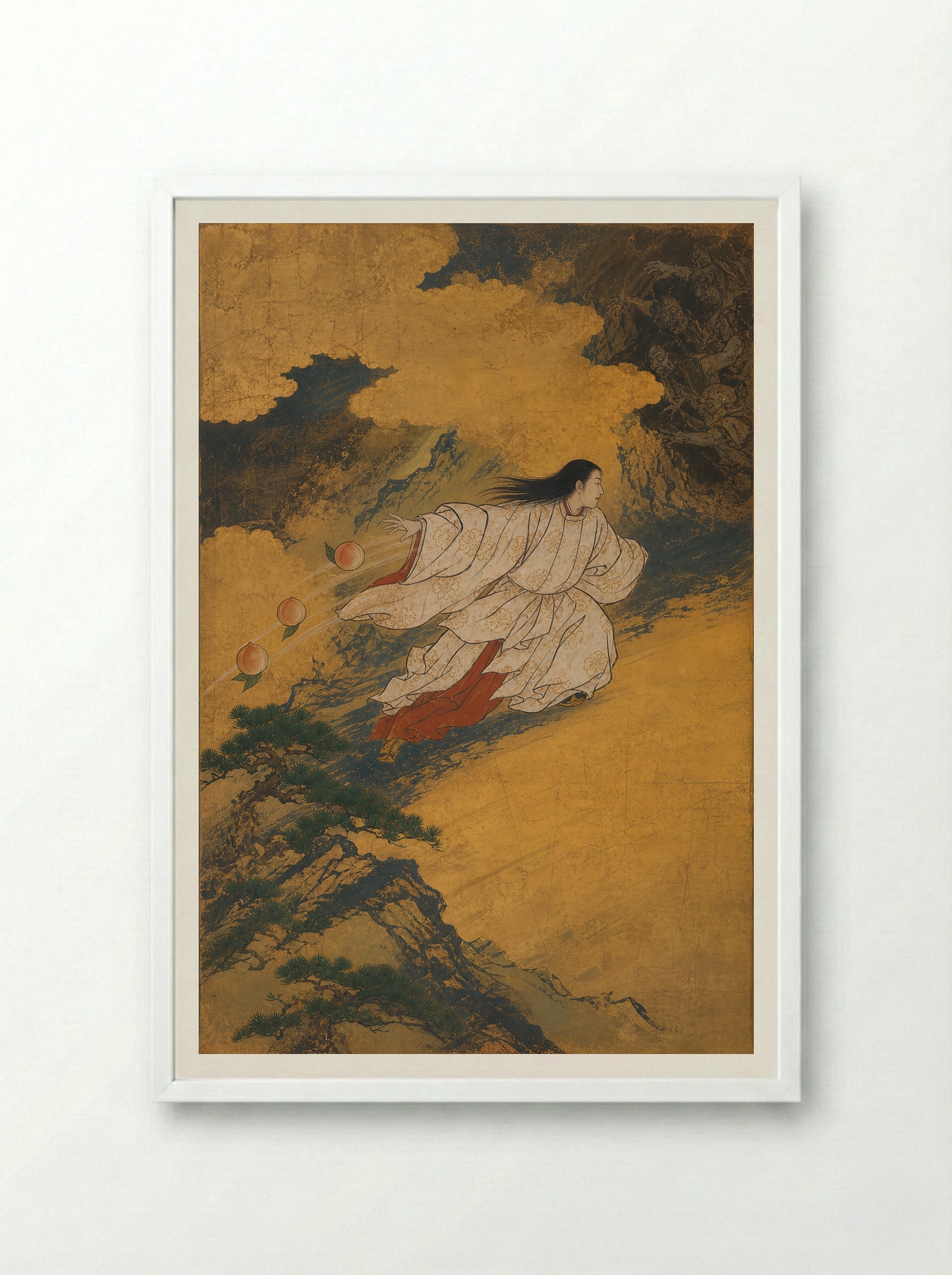 Izanagi at Yomi: Three Peaches at the Pass - Framed Print White