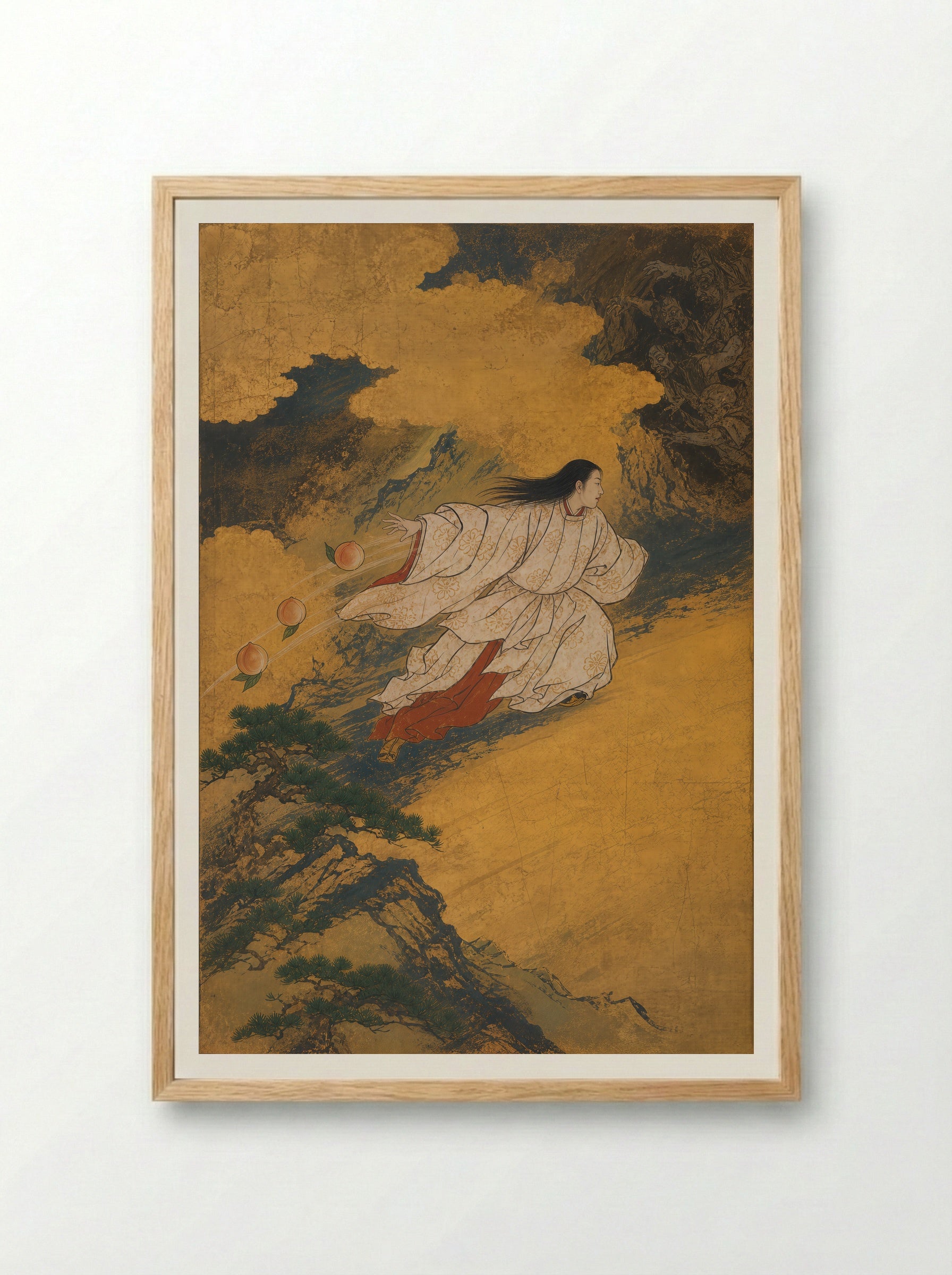Izanagi at Yomi: Three Peaches at the Pass - Framed Print Wood