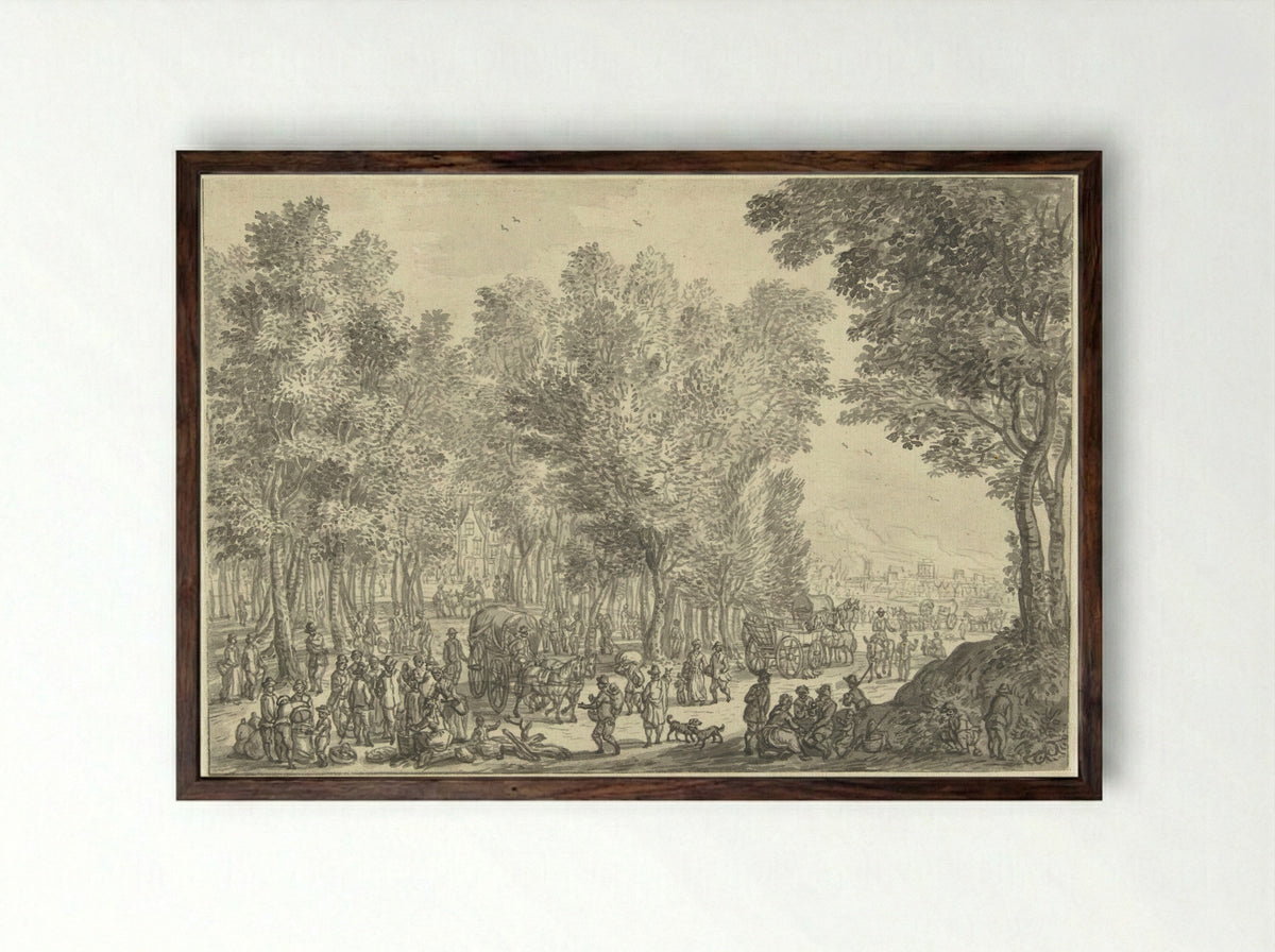 Jaarmarkt onder bomen - Hendrik Soukens - Framed Print Dark Wood