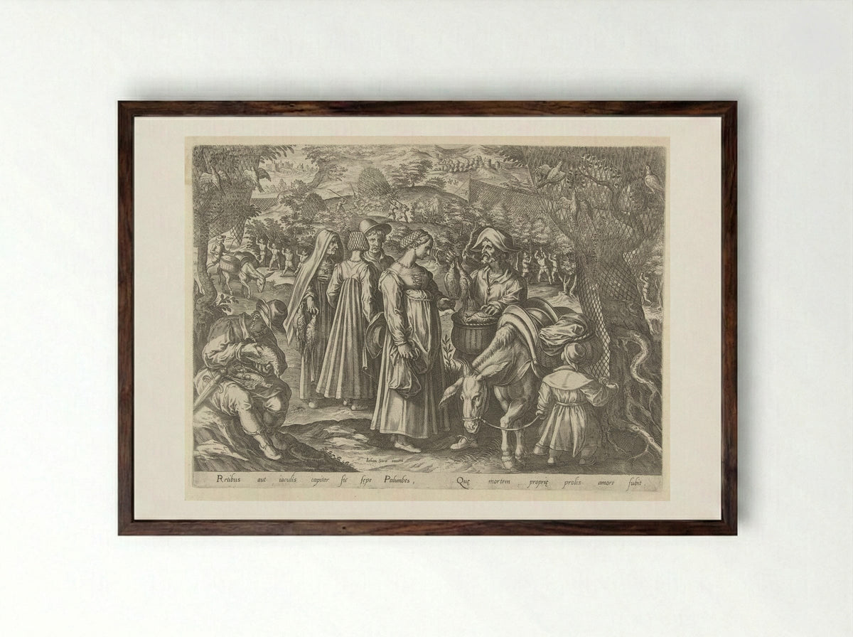 Jacht op duiven (Dove Hunting) - Philips Galle - Framed Print Dark Wood