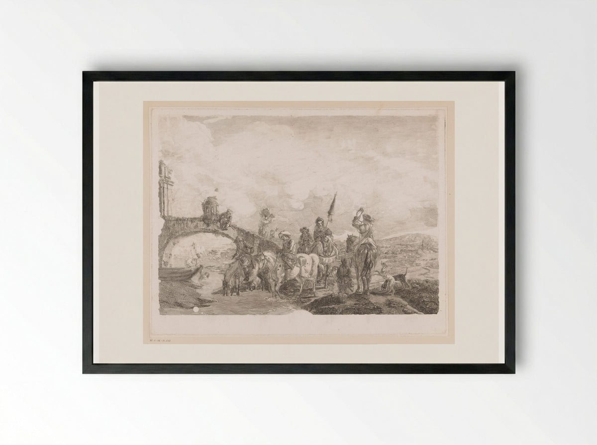 Jachtgezelschap laat paarden drinken aan de voet van brug - Jean Moyreau - Framed Print Black