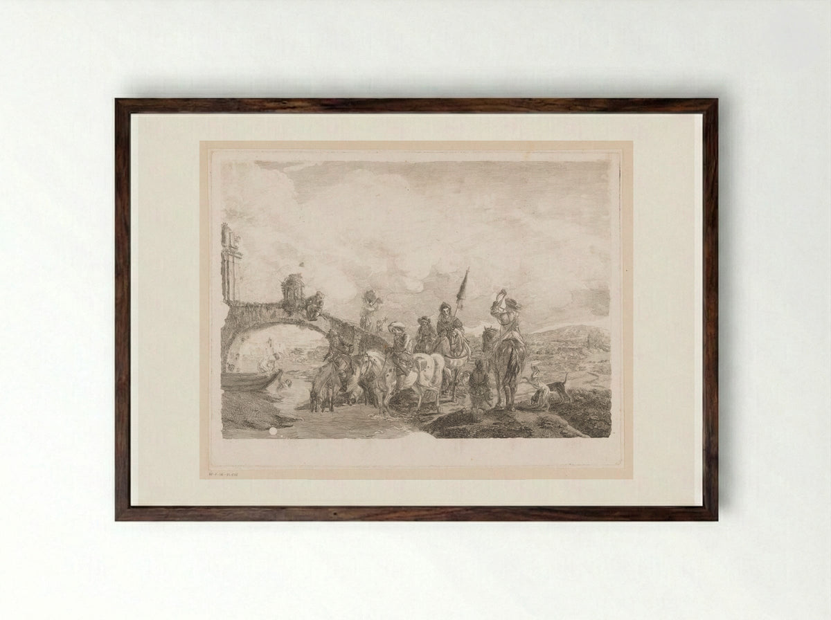 Jachtgezelschap laat paarden drinken aan de voet van brug - Jean Moyreau - Framed Print Dark Wood