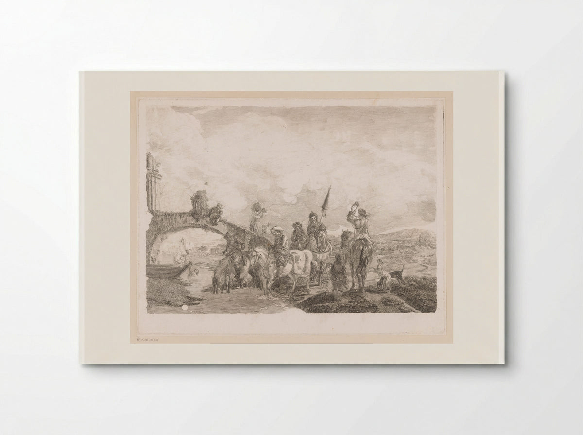 Jachtgezelschap laat paarden drinken aan de voet van brug - Jean Moyreau - Poster