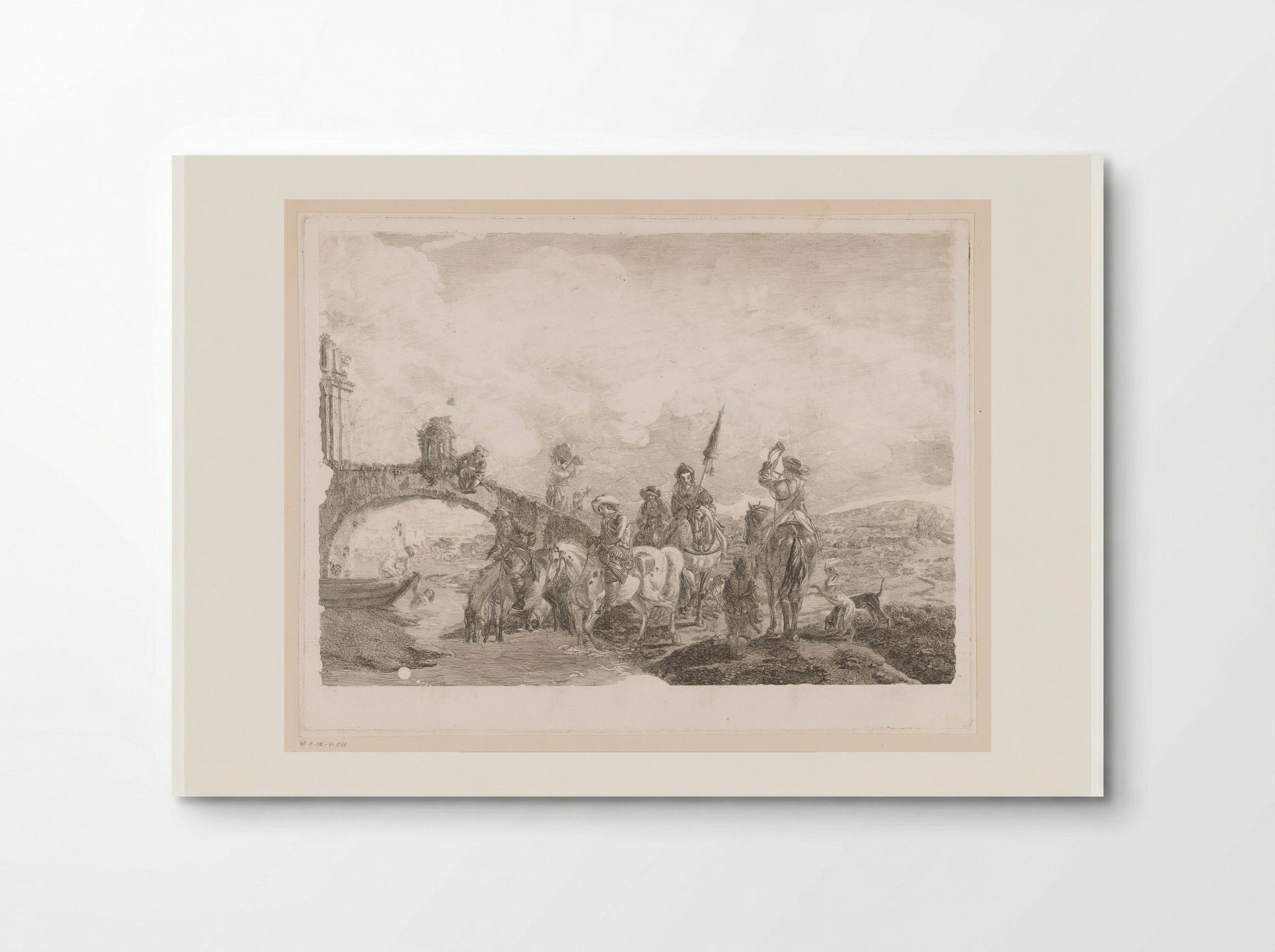 Jachtgezelschap laat paarden drinken aan de voet van brug - Jean Moyreau - Poster