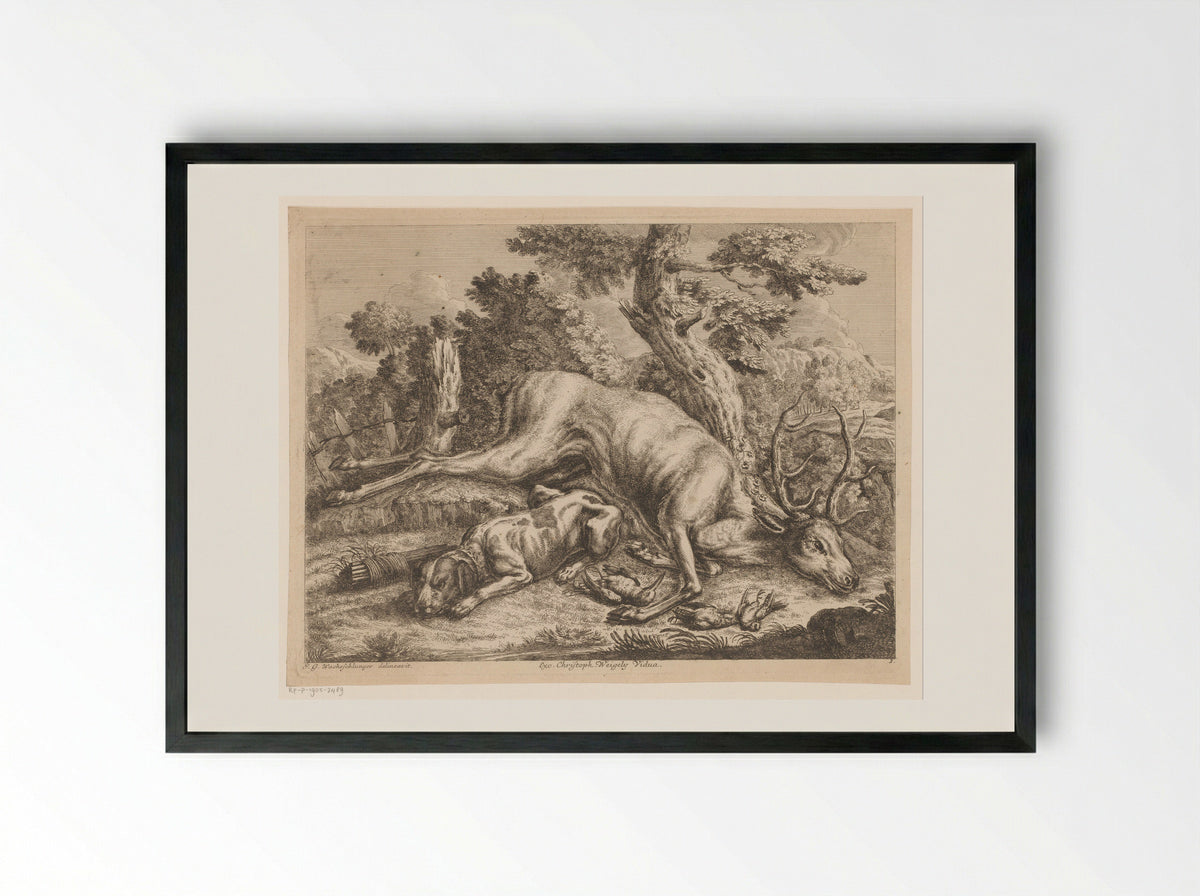 Jachthond en jachtbuit met hert en vogels - Johann Georg Wachsschlunger - Framed Print Black