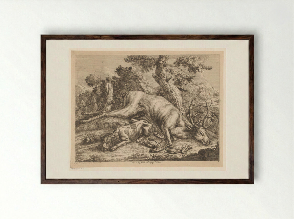 Jachthond en jachtbuit met hert en vogels - Johann Georg Wachsschlunger - Framed Print Dark Wood