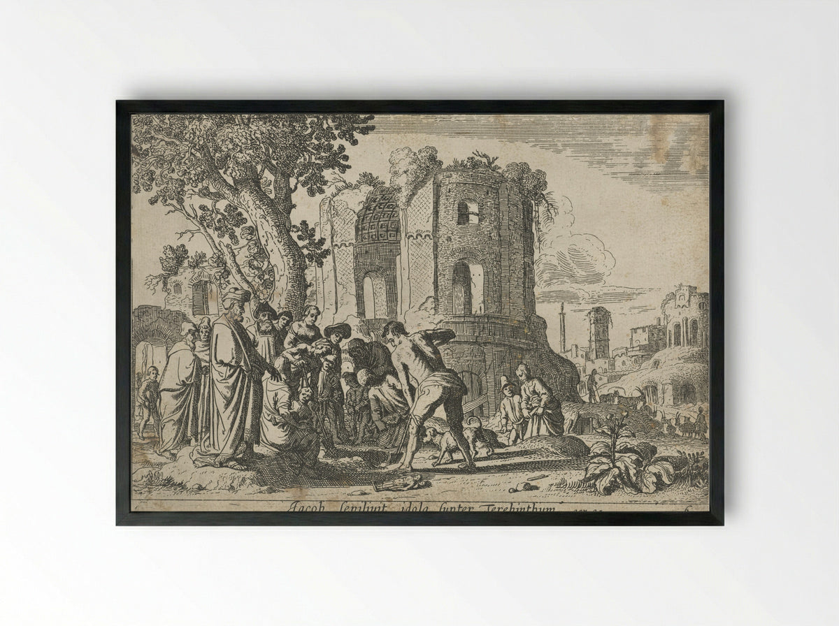 Jacob Burying the Idols under the Terebinth Tree - Nicolaes Moeyaert - Framed Print Black