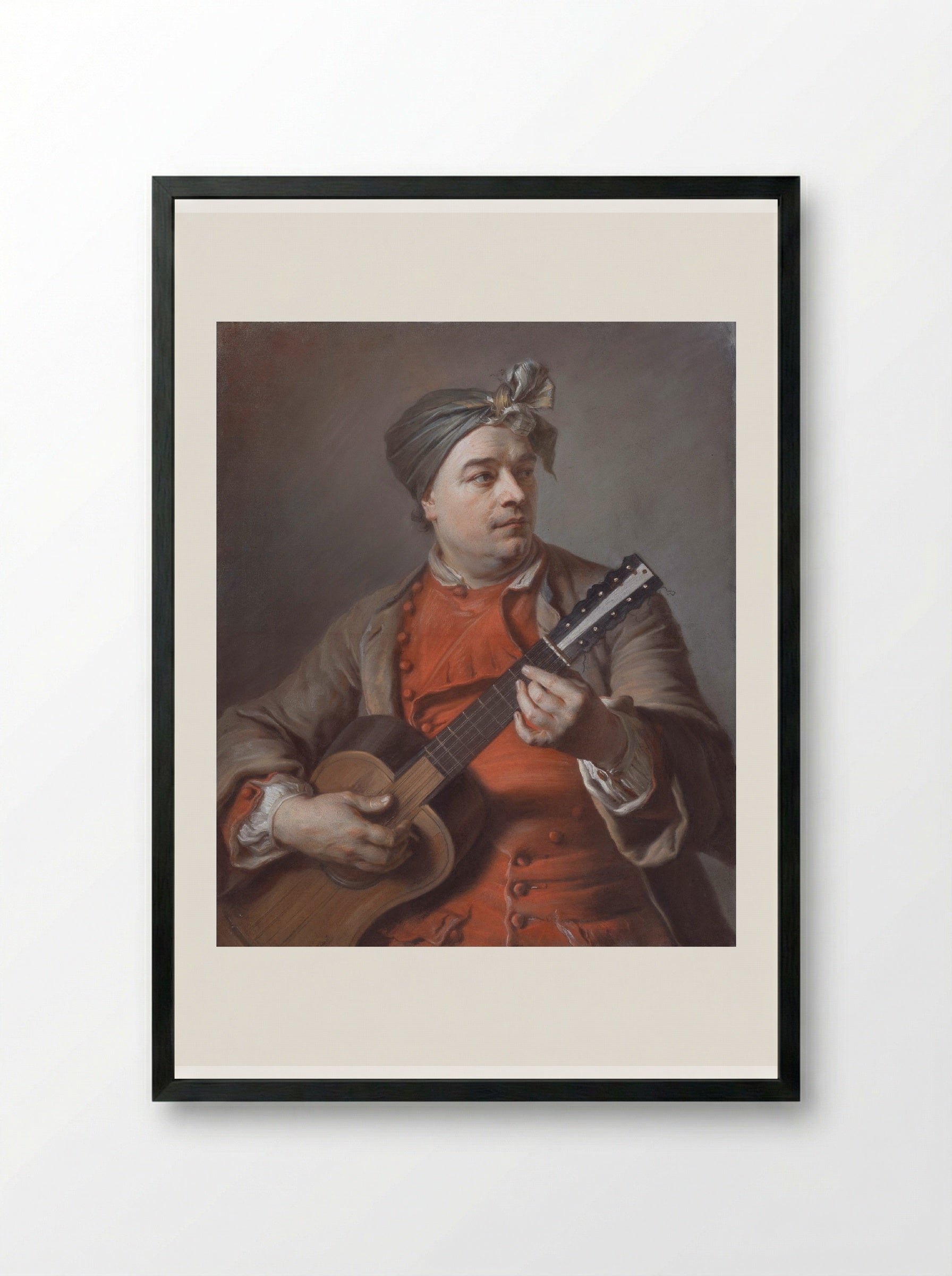 Jacques Dumont le Romain playing the guitar - Maurice Quentin de La Tour - Framed Print Black