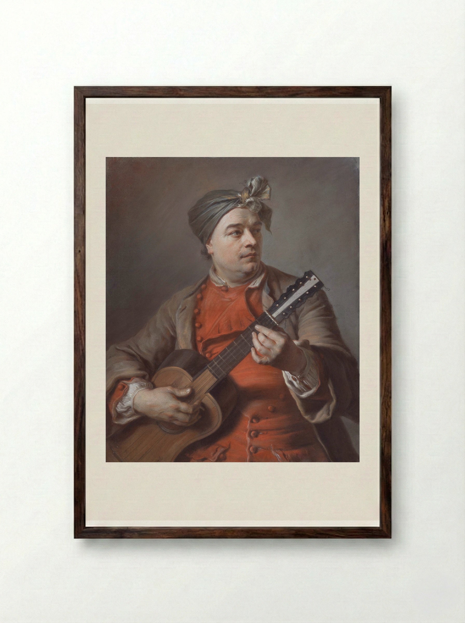 Jacques Dumont le Romain playing the guitar - Maurice Quentin de La Tour - Framed Print Dark Wood