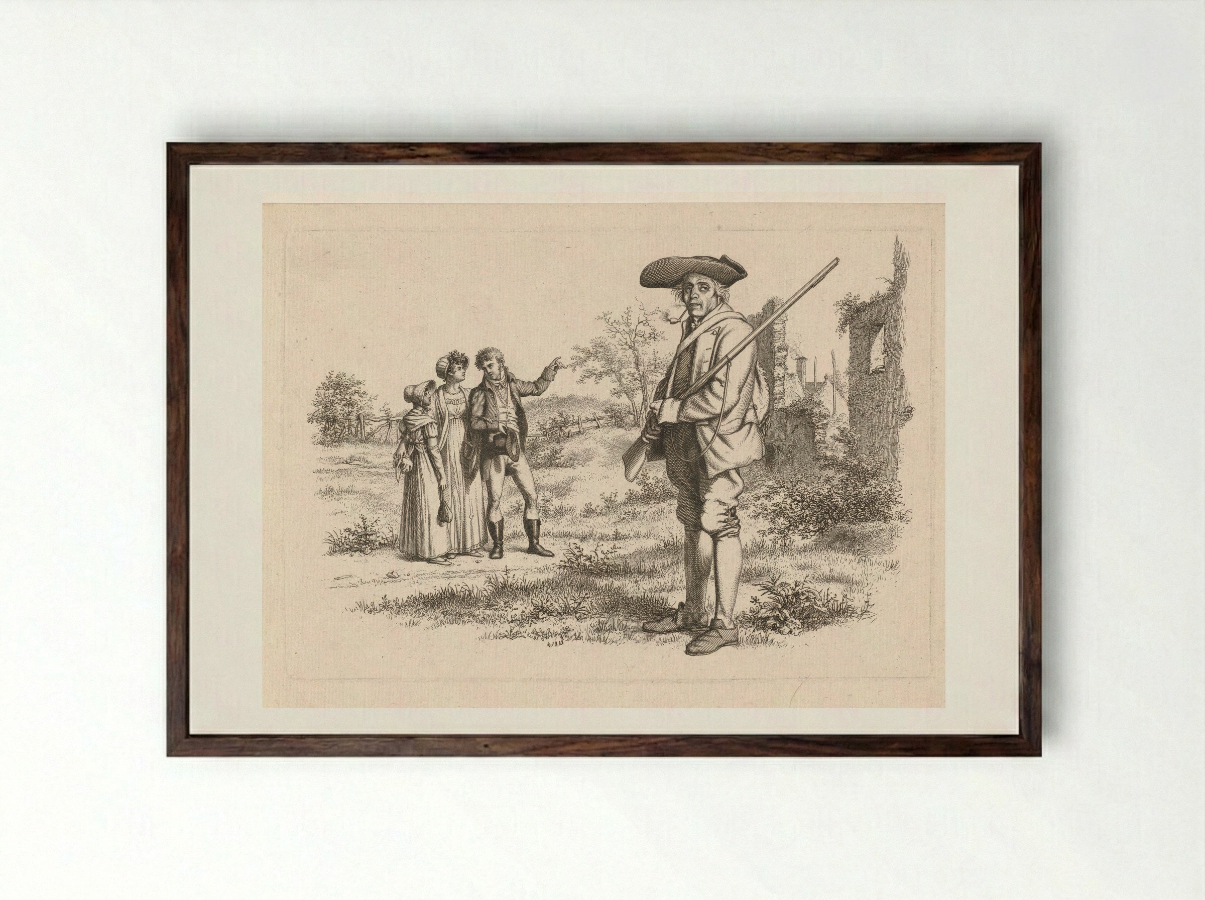 Jager en een gezelschap bij een ruïne - Jacob Ernst Marcus - Framed Print Dark Wood