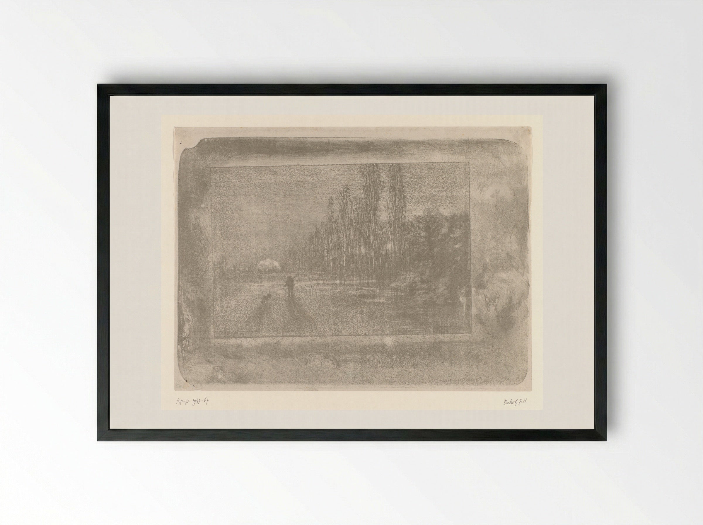 Jager met hond in een landschap bij zonsopkomst - Félix Hilaire Buhot - Framed Print Black