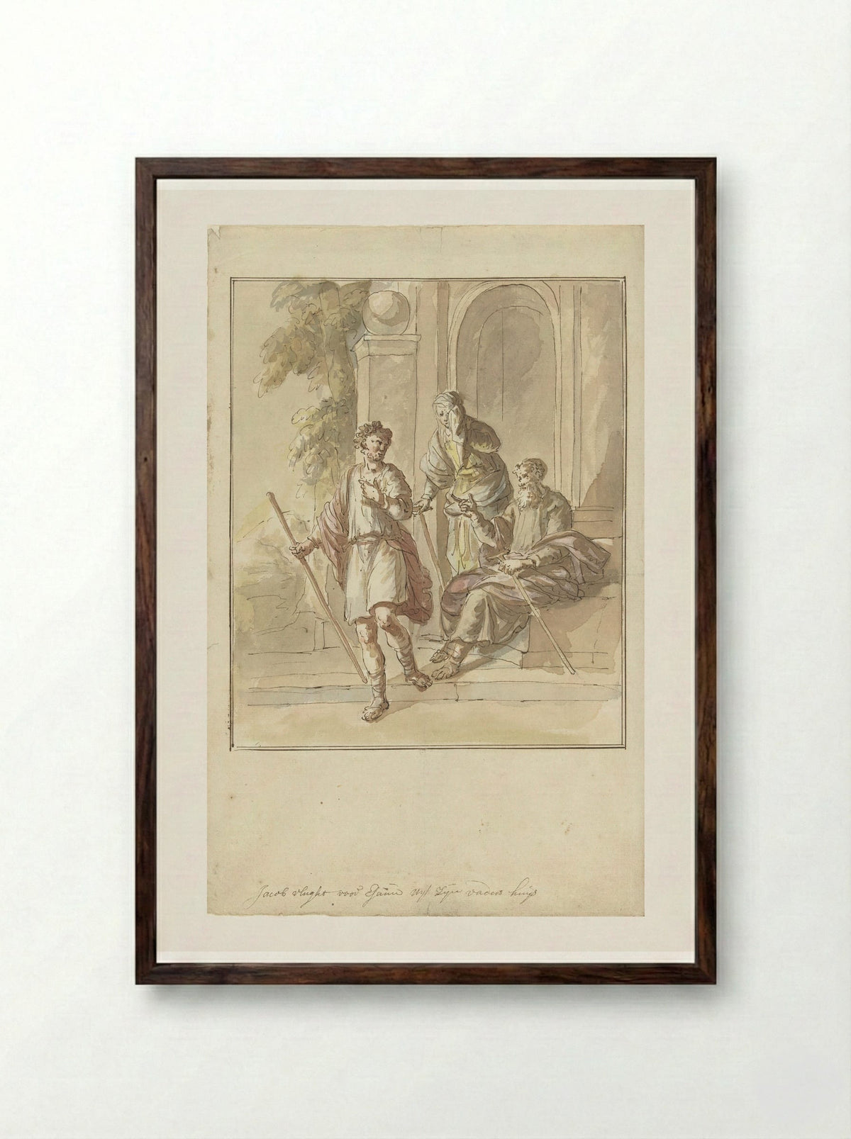 Jakob vlucht uit zijn ouderlijk huis - Elias van Nijmegen - Framed Print Dark Wood