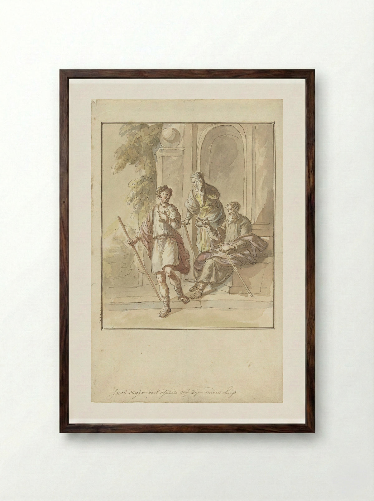 Jakob vlucht uit zijn ouderlijk huis - Elias van Nijmegen - Framed Print Dark Wood
