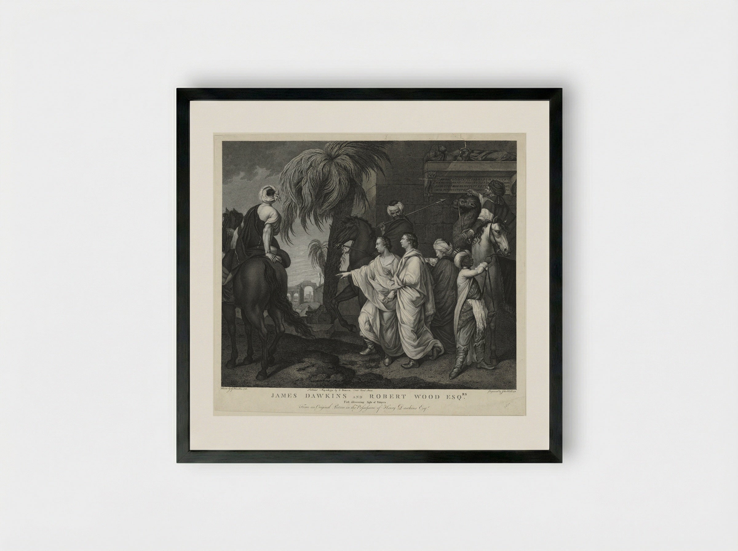 James Dawkins and Robert Wood Esq., First Discovering Sight of Palmyra - John Hall - Framed Print Black