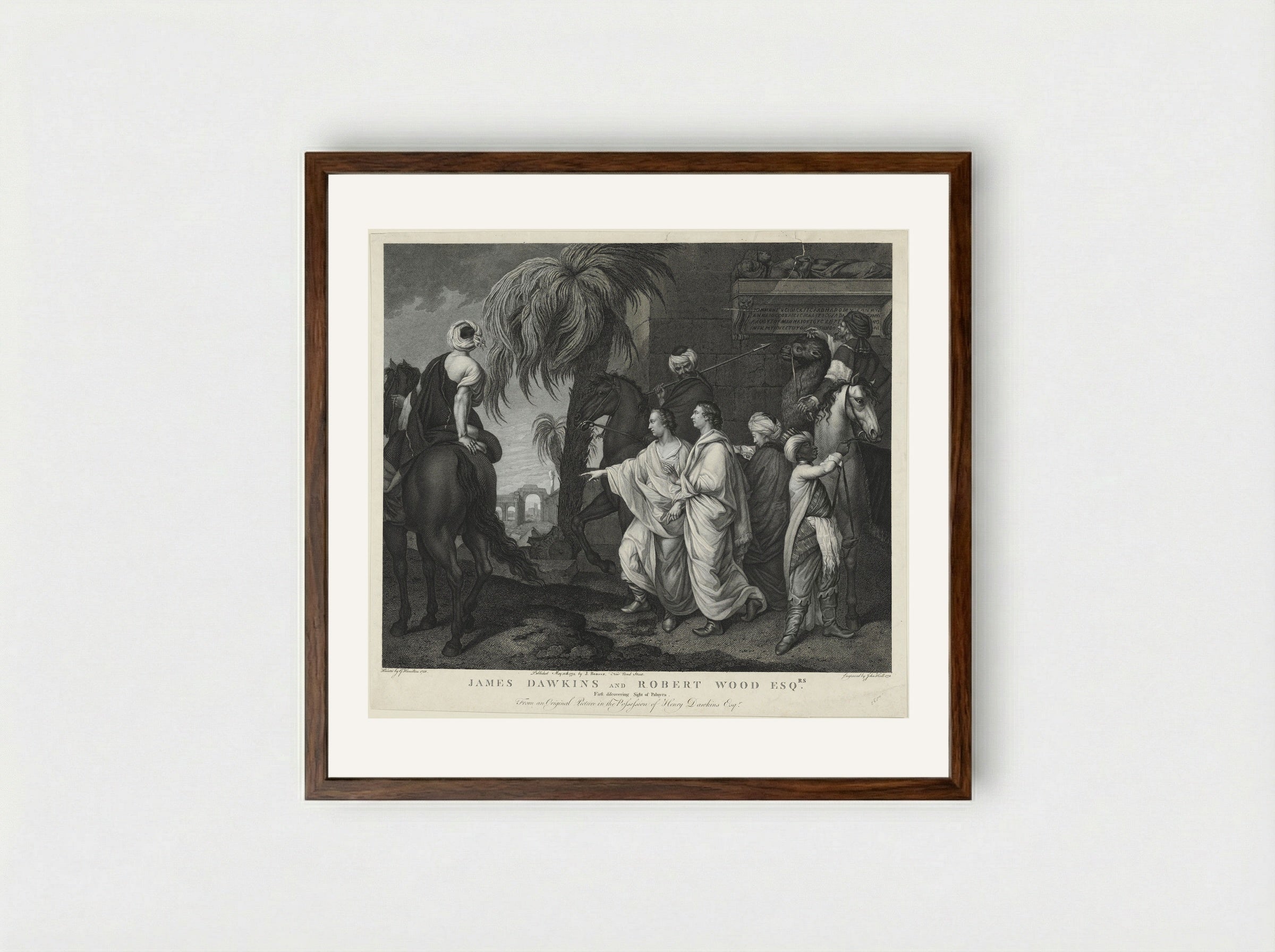 James Dawkins and Robert Wood Esq., First Discovering Sight of Palmyra - John Hall - Framed Print Dark Wood