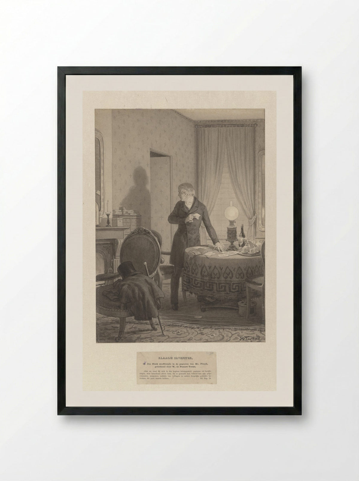 Jan Bleek snuffelende in de papieren van Mr. Flinck - Willem de Famars Testas - Framed Print Black