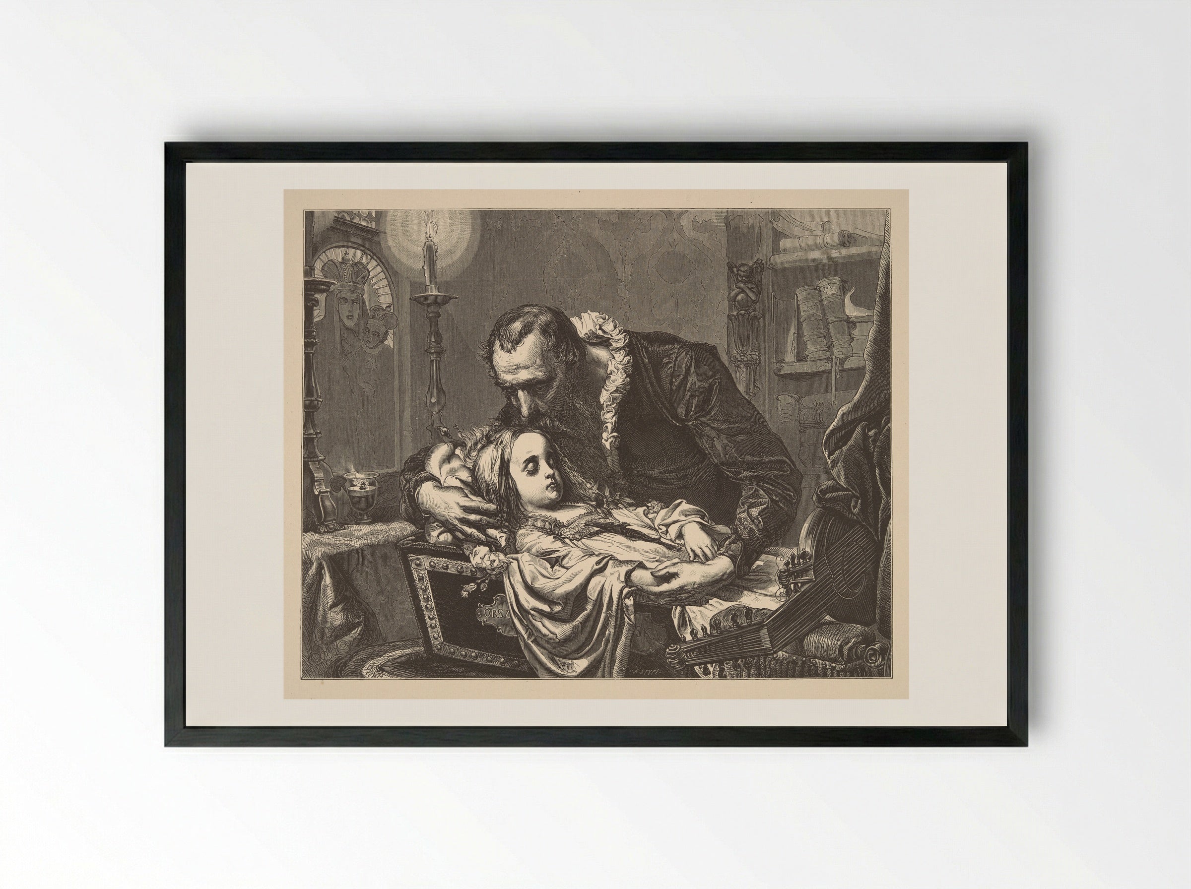 Jan Kochanowski over the dead body of his daughter - Jan Matejko - Framed Print Black