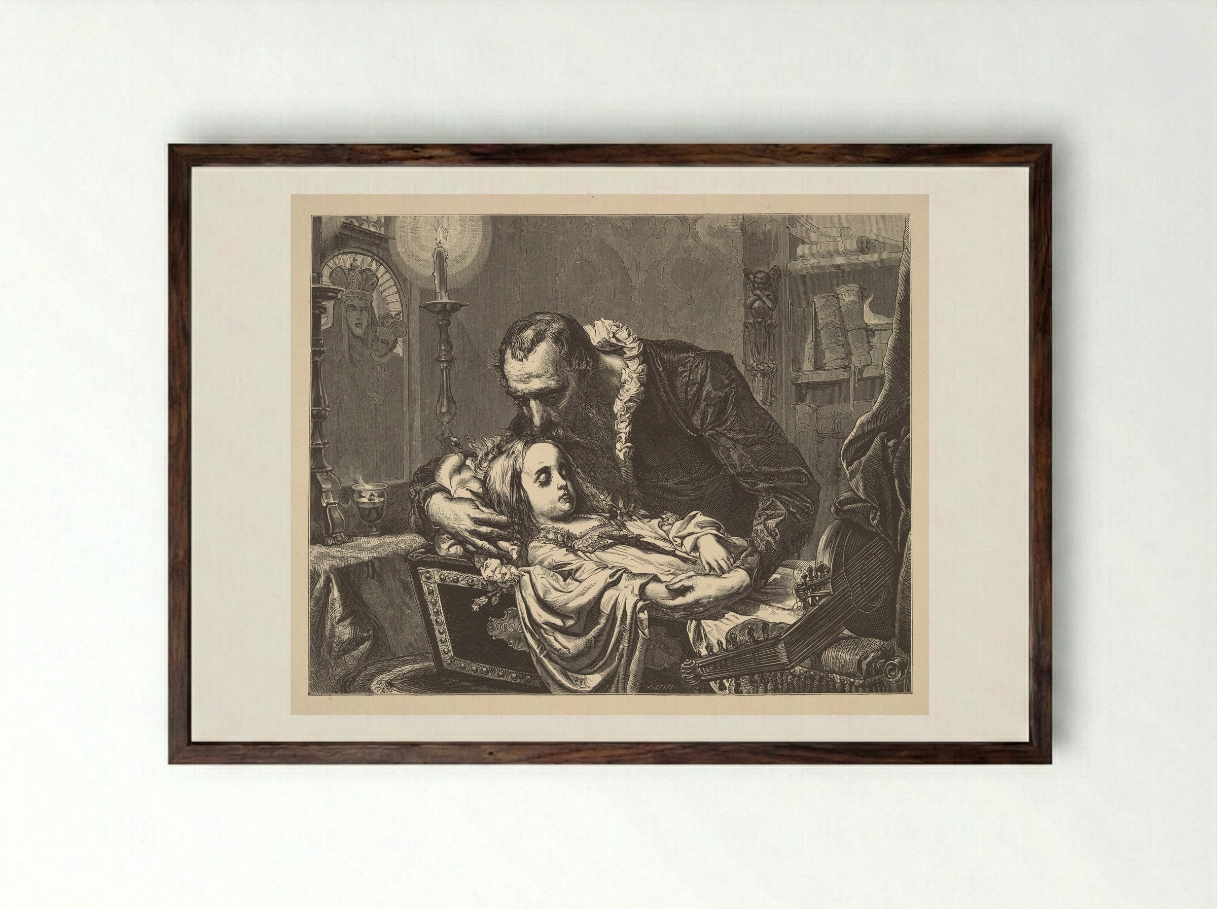 Jan Kochanowski over the dead body of his daughter - Jan Matejko - Framed Print Dark Wood