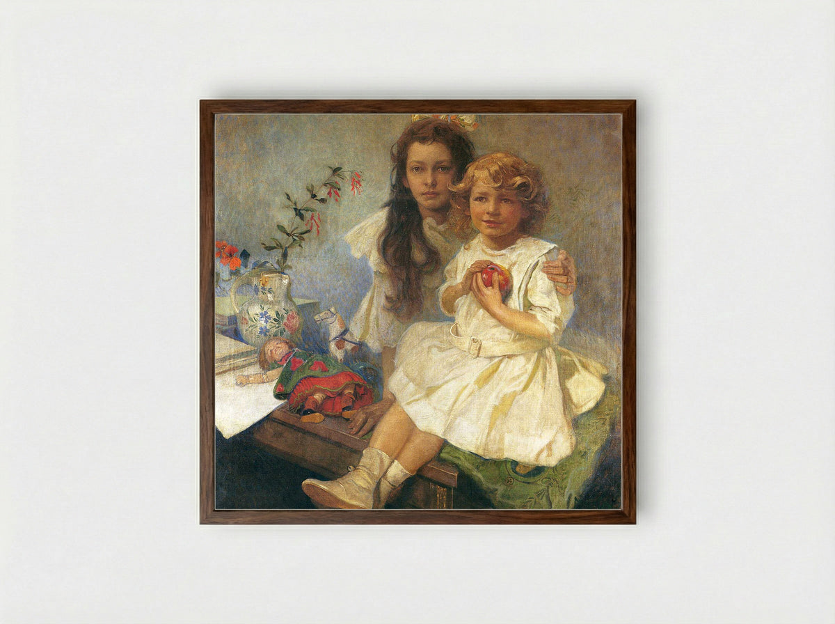 Jaroslava and Jiri, the Artist's Children - Alphonse Mucha - Framed Print Dark Wood