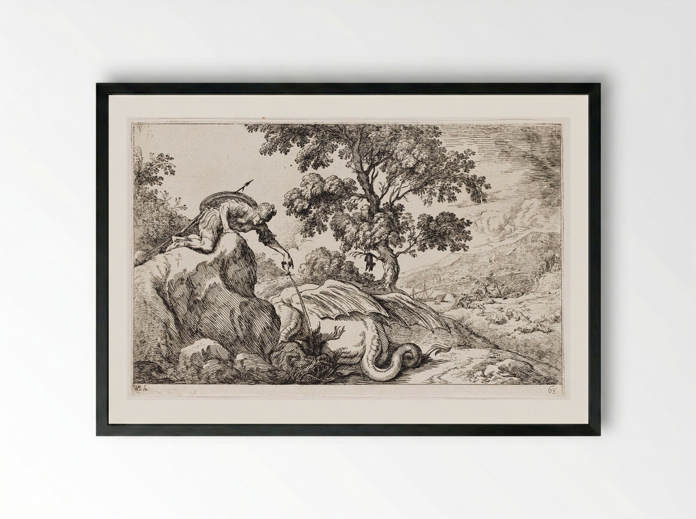 Jason Pours a Sleeping Potion into the Eyes of the Dragon Guarding the Golden Fleece - Johann Wilhelm Baur - Framed Print Black