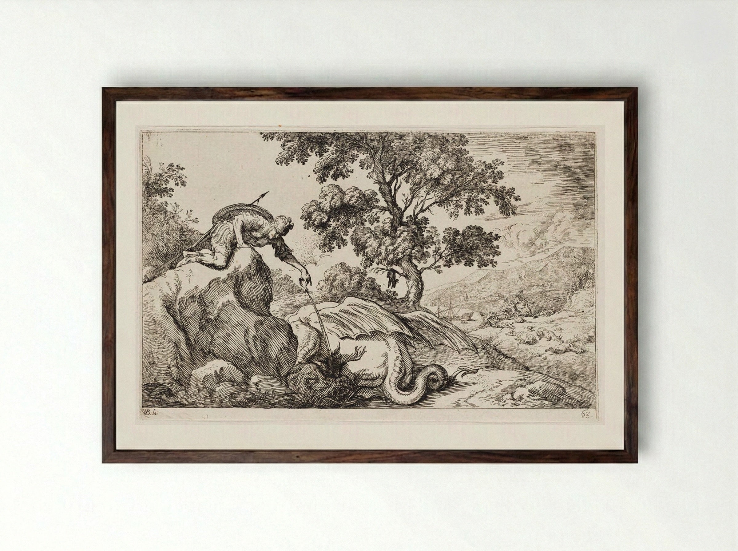 Jason Pours a Sleeping Potion into the Eyes of the Dragon Guarding the Golden Fleece - Johann Wilhelm Baur - Framed Print Dark Wood