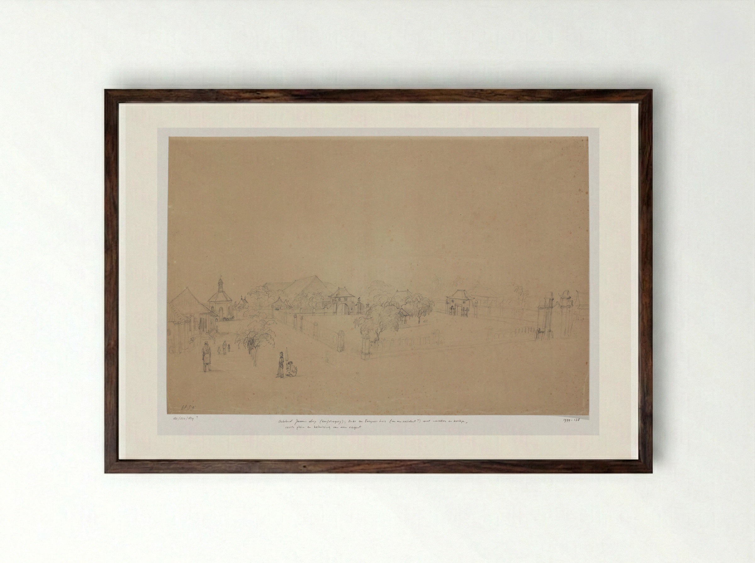 Javaans dorp (hoofdnegorij) met links een Europees huis, West-Java - Adrianus Johannes Bik - Framed Print Dark Wood