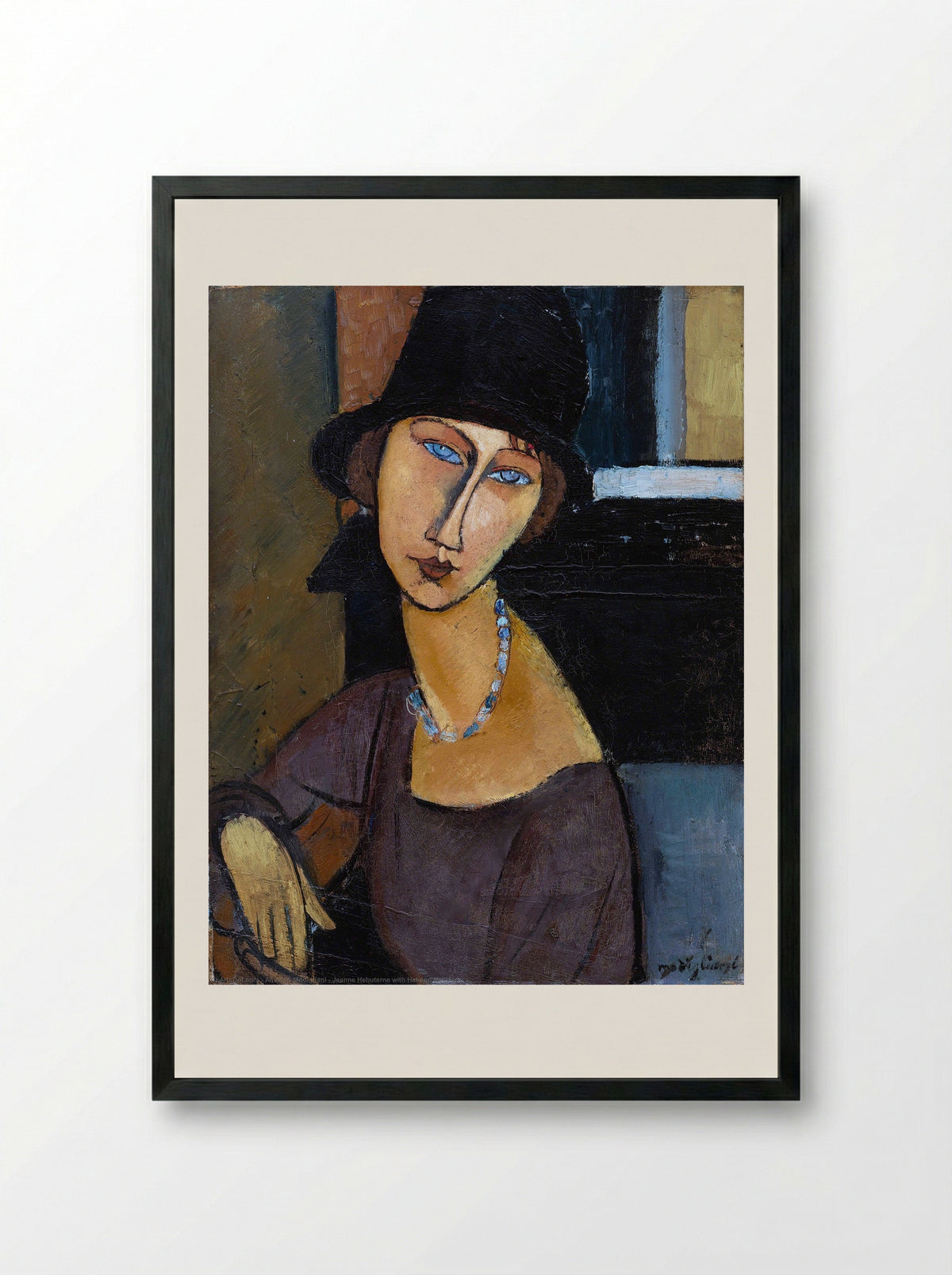 Jeanne Hébuterne with Hat and Necklace - Amedeo Modigliani - Framed Print Black