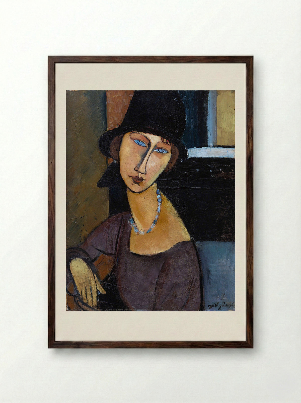 Jeanne Hébuterne with Hat and Necklace - Amedeo Modigliani - Framed Print Dark Wood